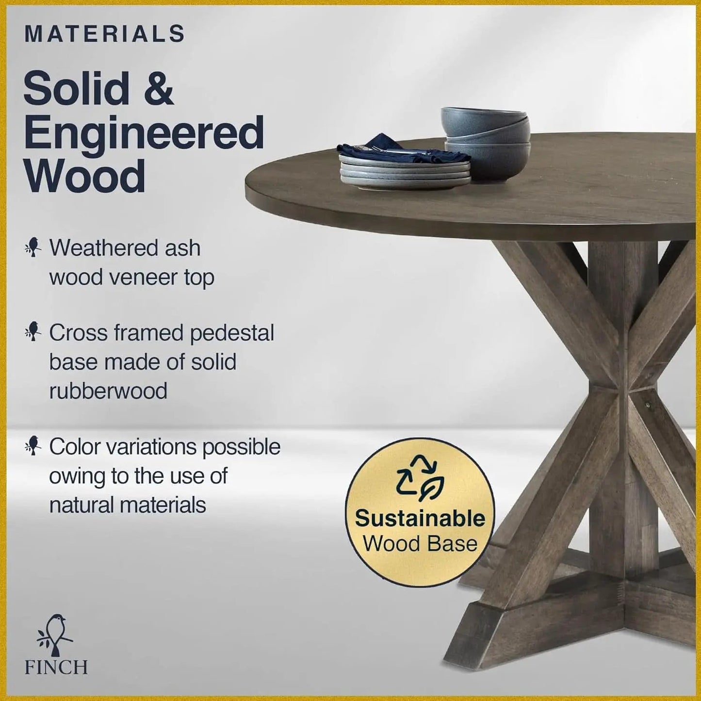 Alfred Round Solid Wood Rustic Dining Table 46.5 Inch Diameter Trestle Pedestal from PriceLows™