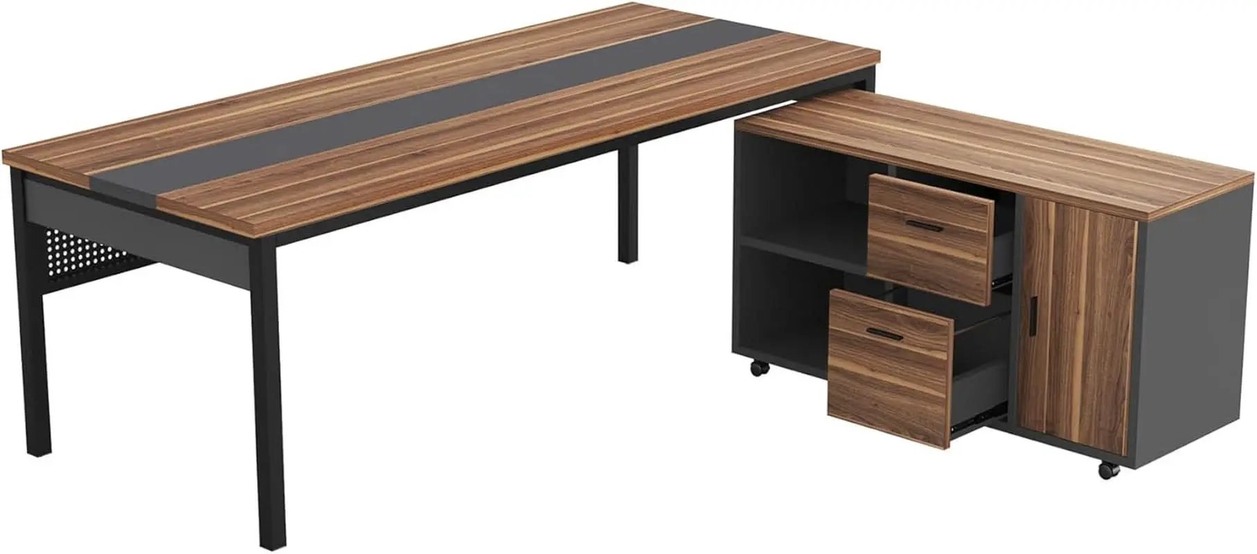 71 Inch Walnut Executive L Shaped Desk With File Cabinet from PriceLows™