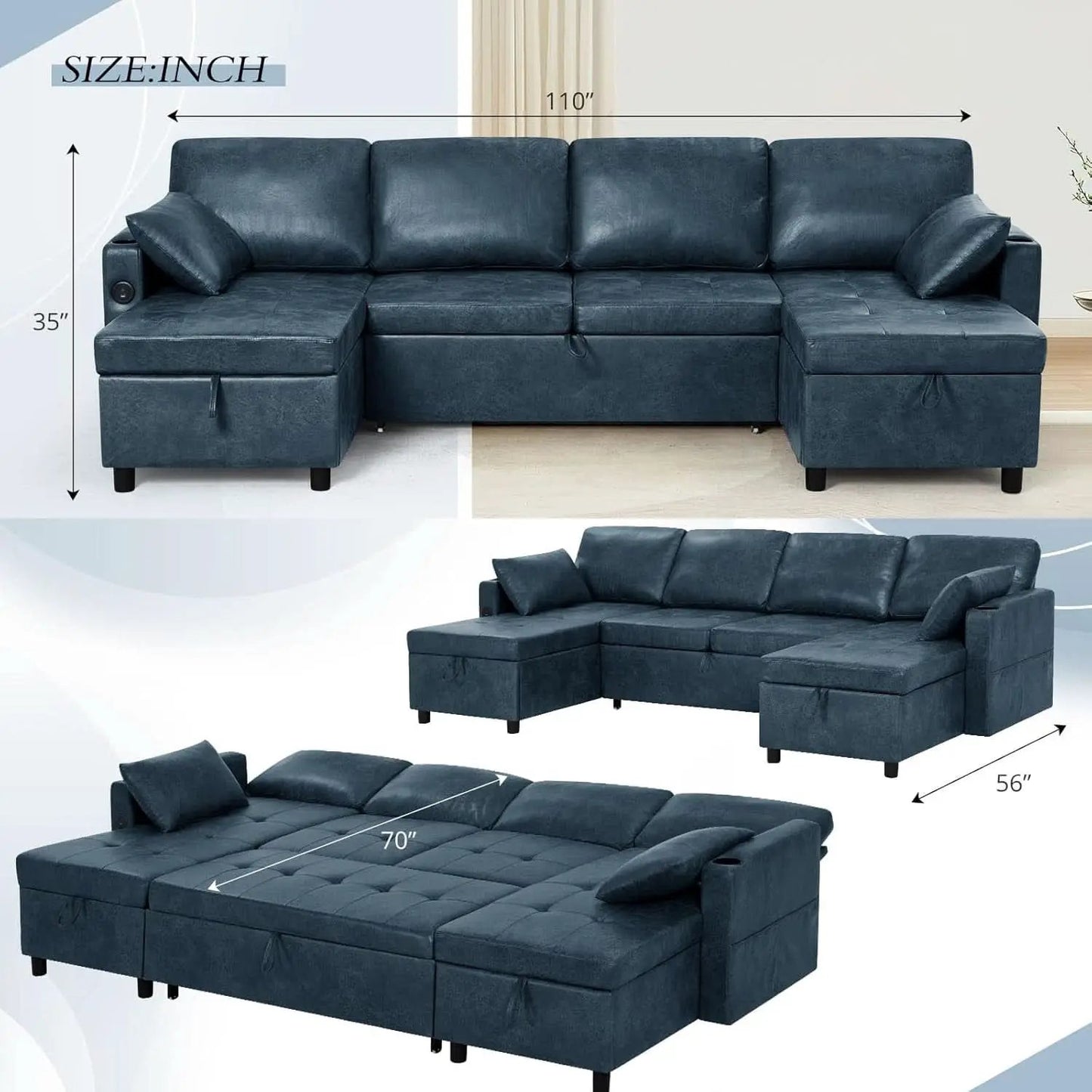 Blue Genuine Suede Leather 110Inch Sectional Sleeper from PriceLows™