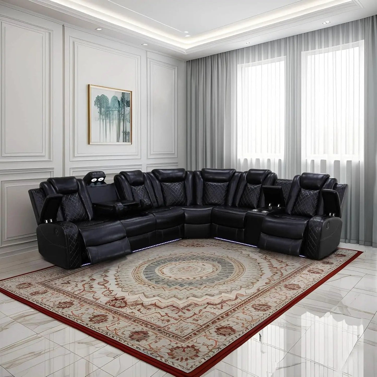 Power Recliner Sectional Sofa Black With LED Lights from PriceLows™
