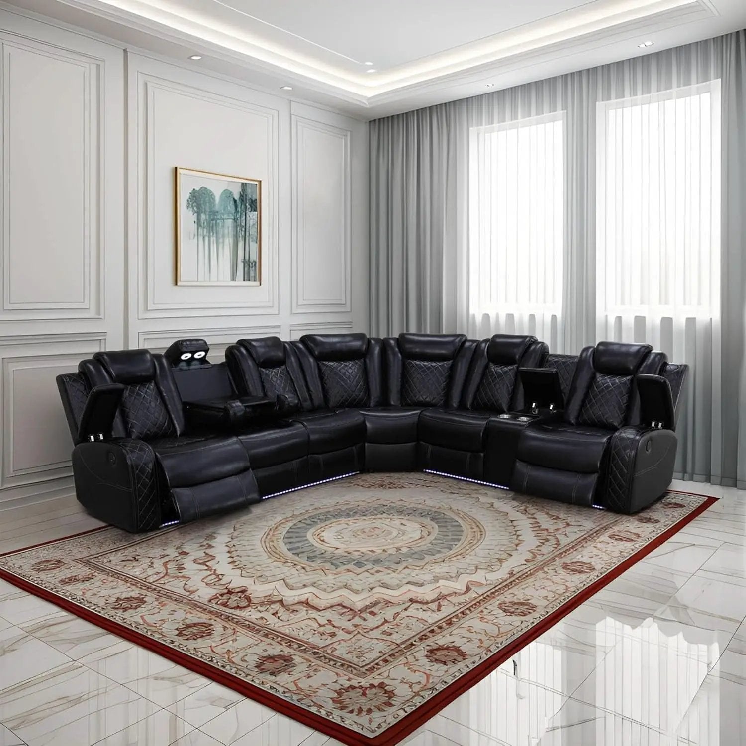 Power Recliner Sectional Sofa Black With LED Lights from PriceLows™