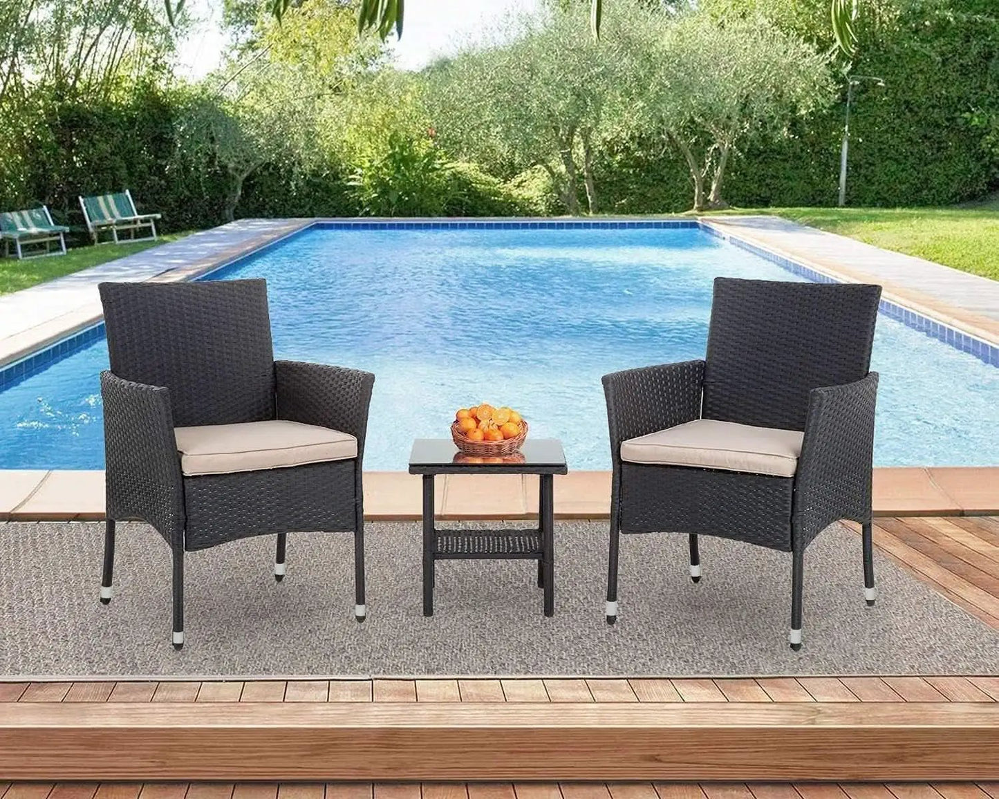 Wicker Bistro Set Cushioned Chairs Coffee Table Black Beige from PriceLows™