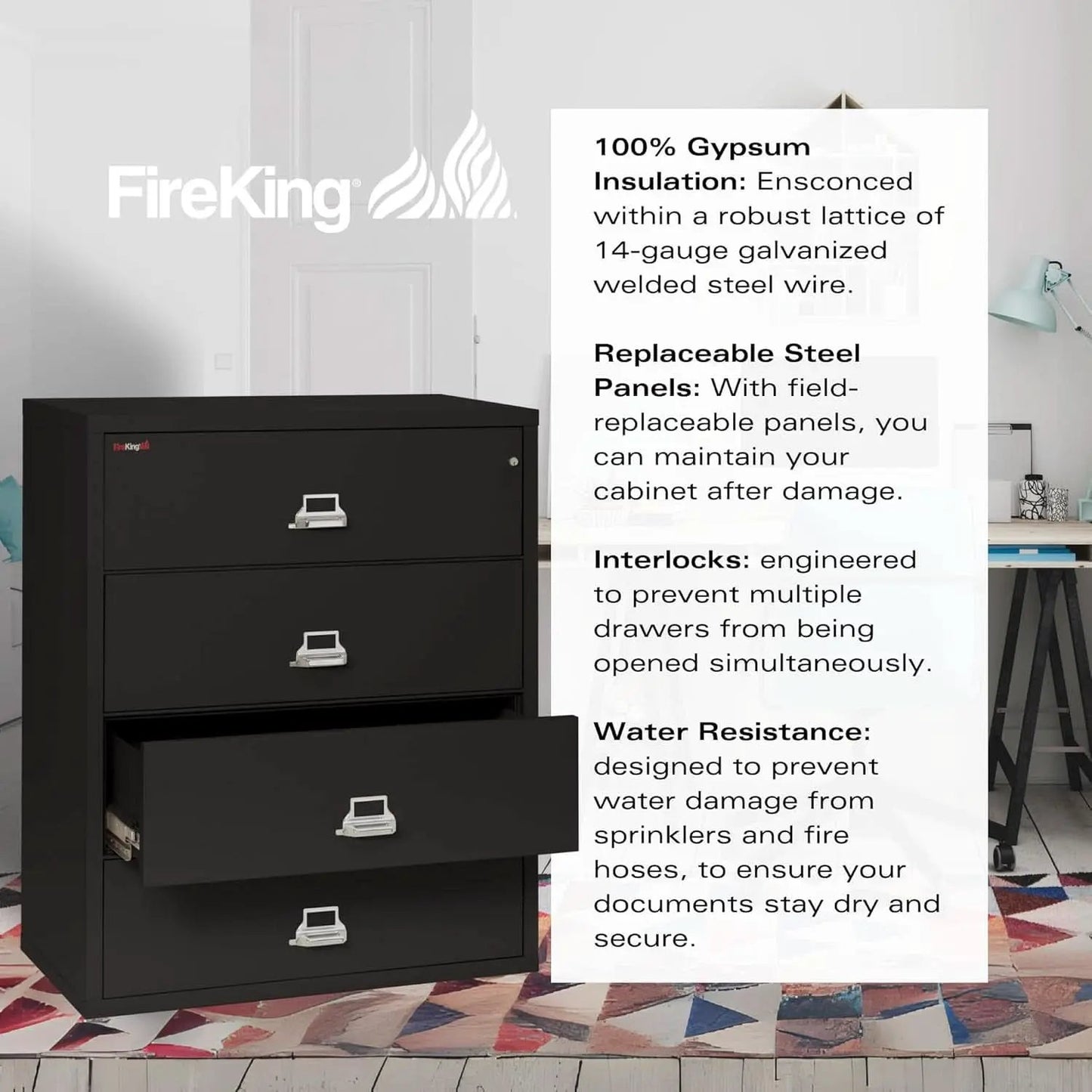 Lateral 4 Drawer Fire Safe File Cabinet With Key Lock Black from PriceLows™