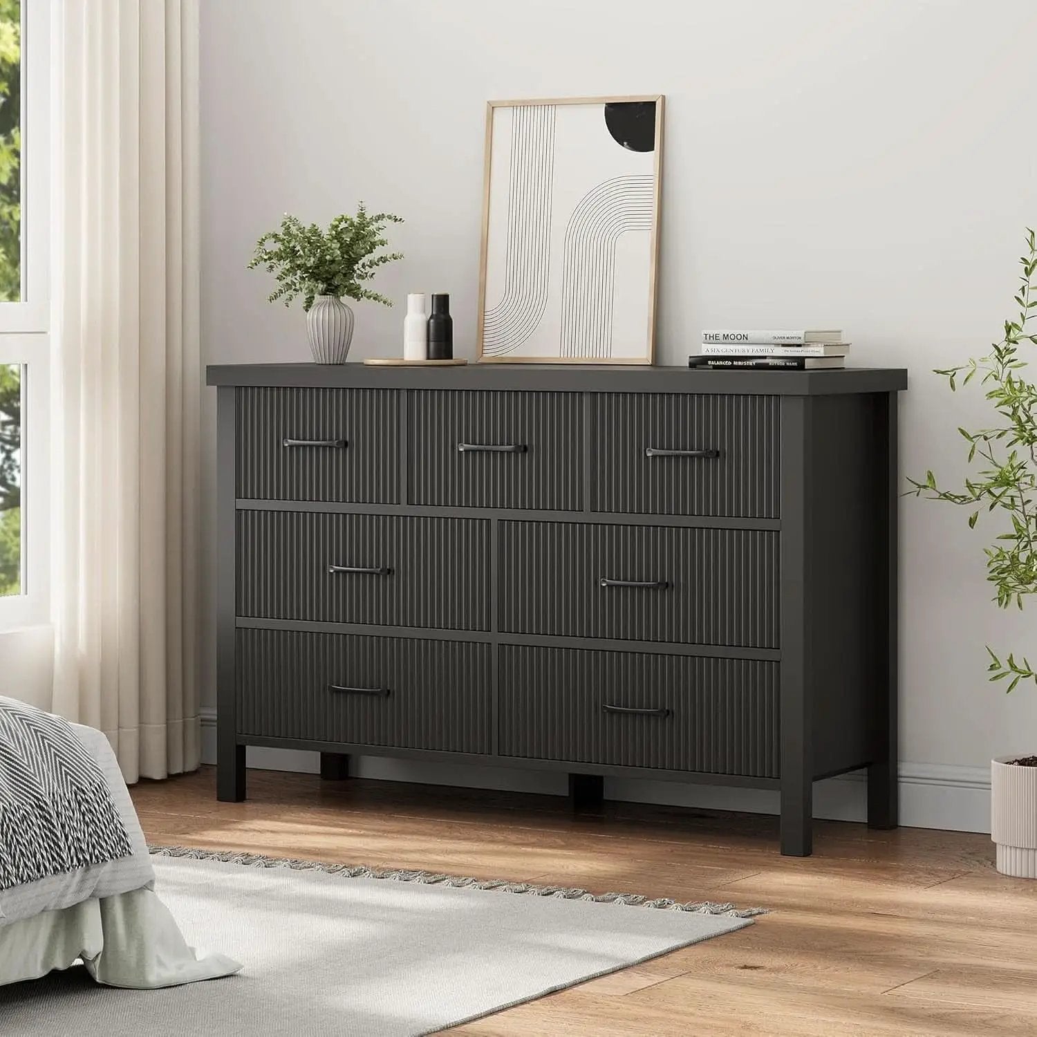 Fluted Contemporary White Dresser With Black Handles from PriceLows™
