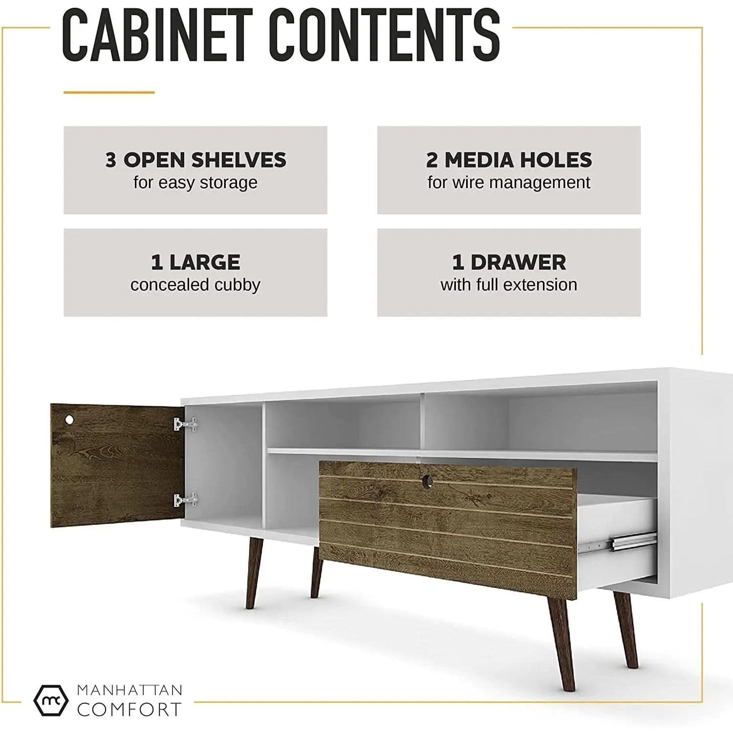 Mid Century TV Stand Solid Wood With Shelves And Cabinet from PriceLows™