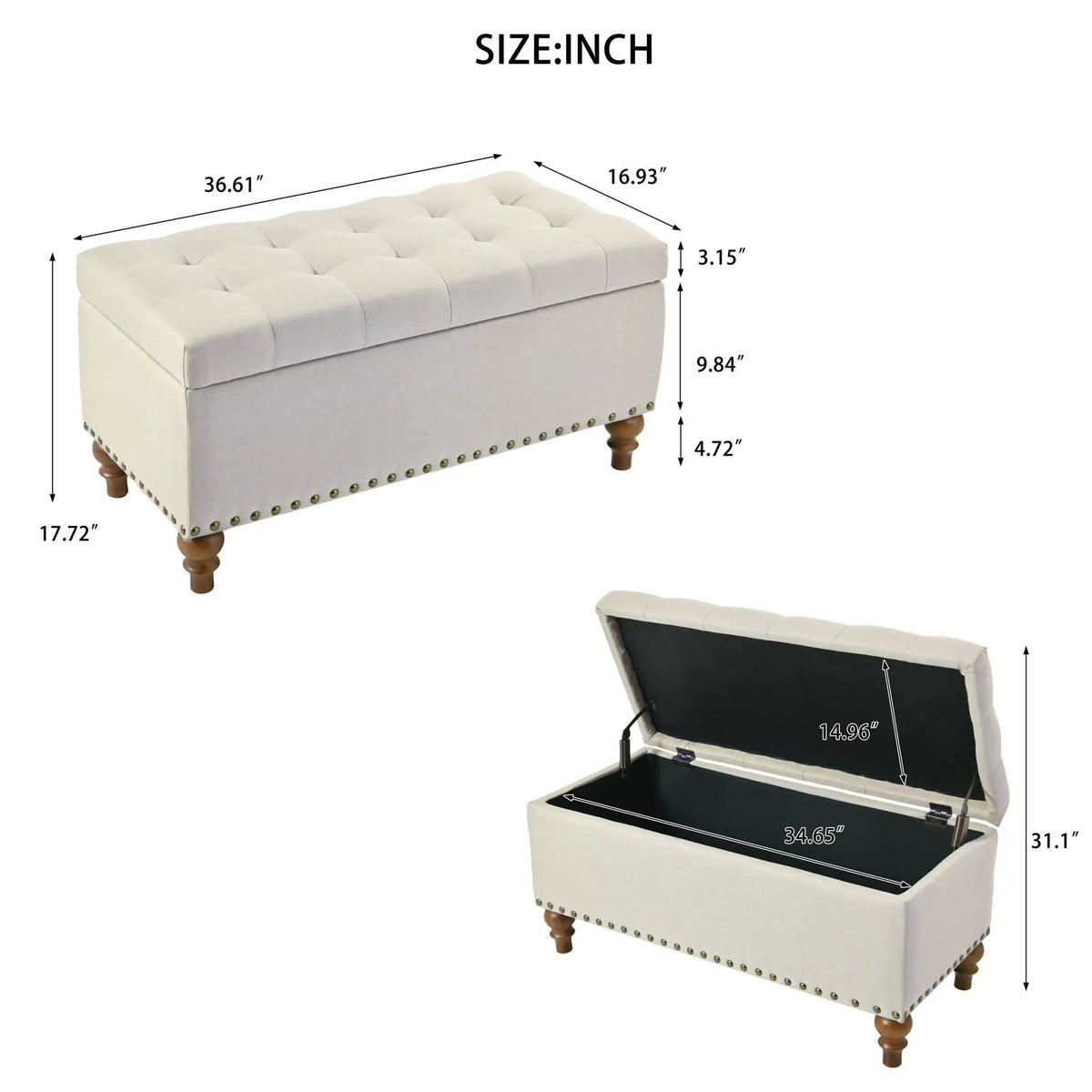 Upholstered Ottoman With Storage And Rivet Trim | 2 Pieces | Solid Wood | Living Room