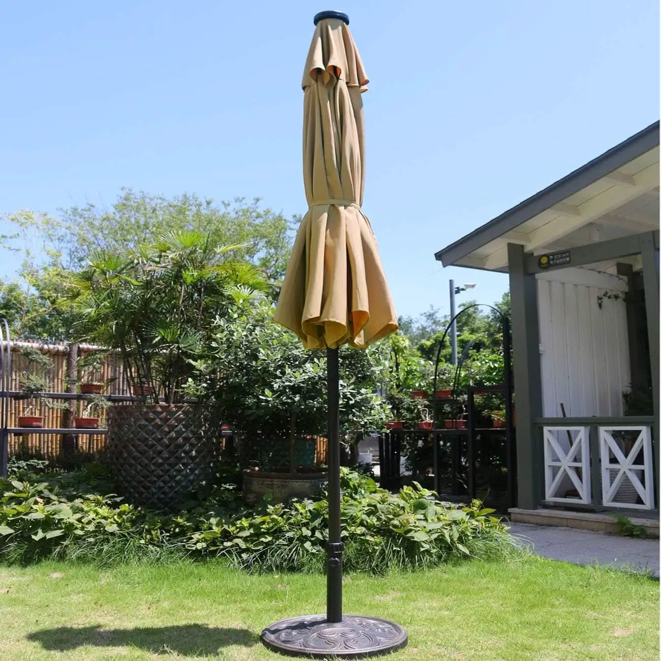 9 Ft Solar LED Lighted Patio Umbrella With Tilt And Crank Lift Light Tan from PriceLows™
