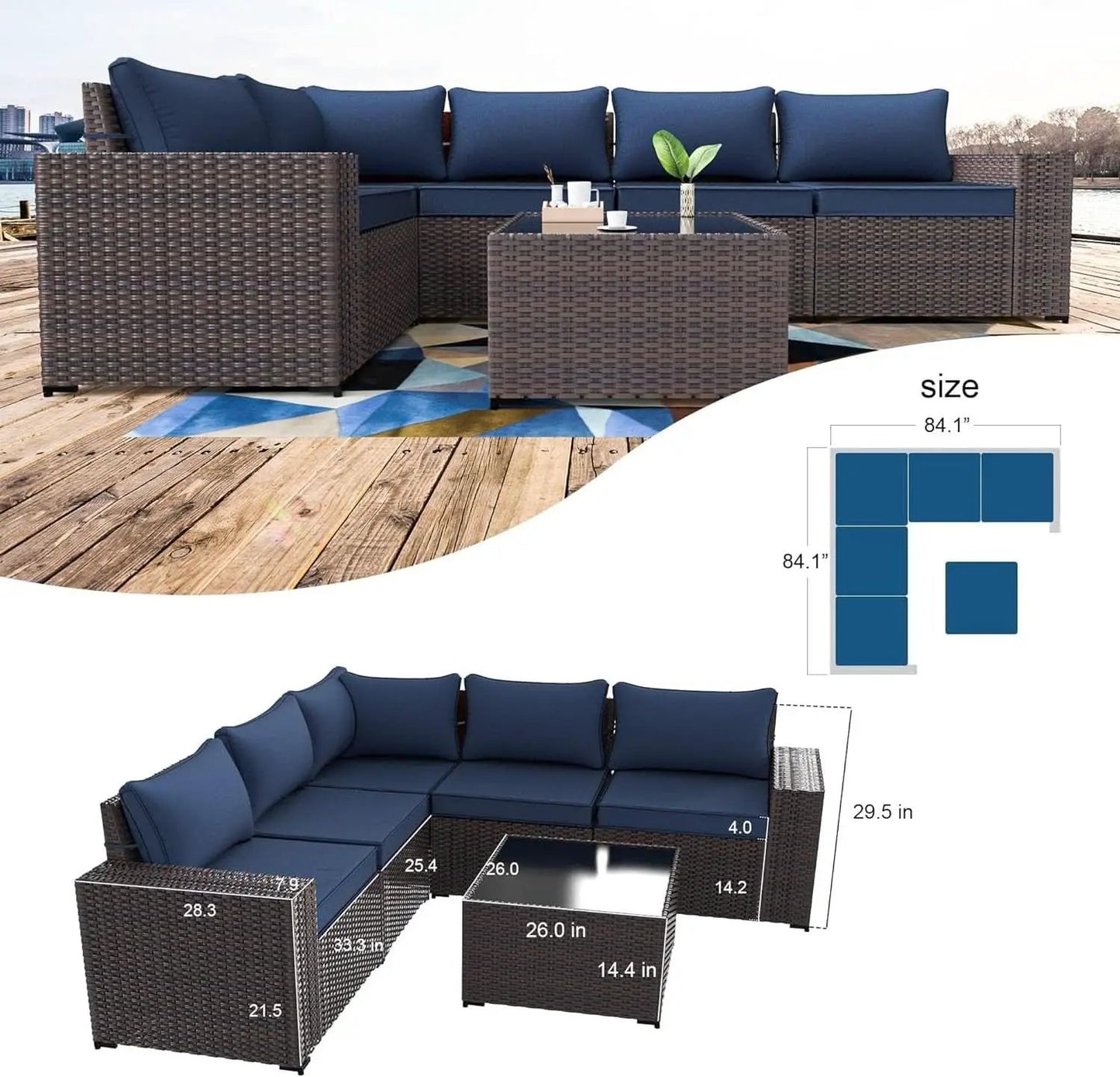 Navy Blue 6 Piece Outdoor Patio Sectional Sofa Set With PE Rattan from PriceLows™