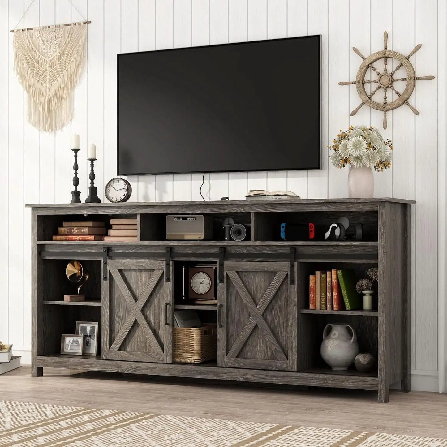 Wooden Farmhouse TV Stand 70 Inch With Double Storage from PriceLows™