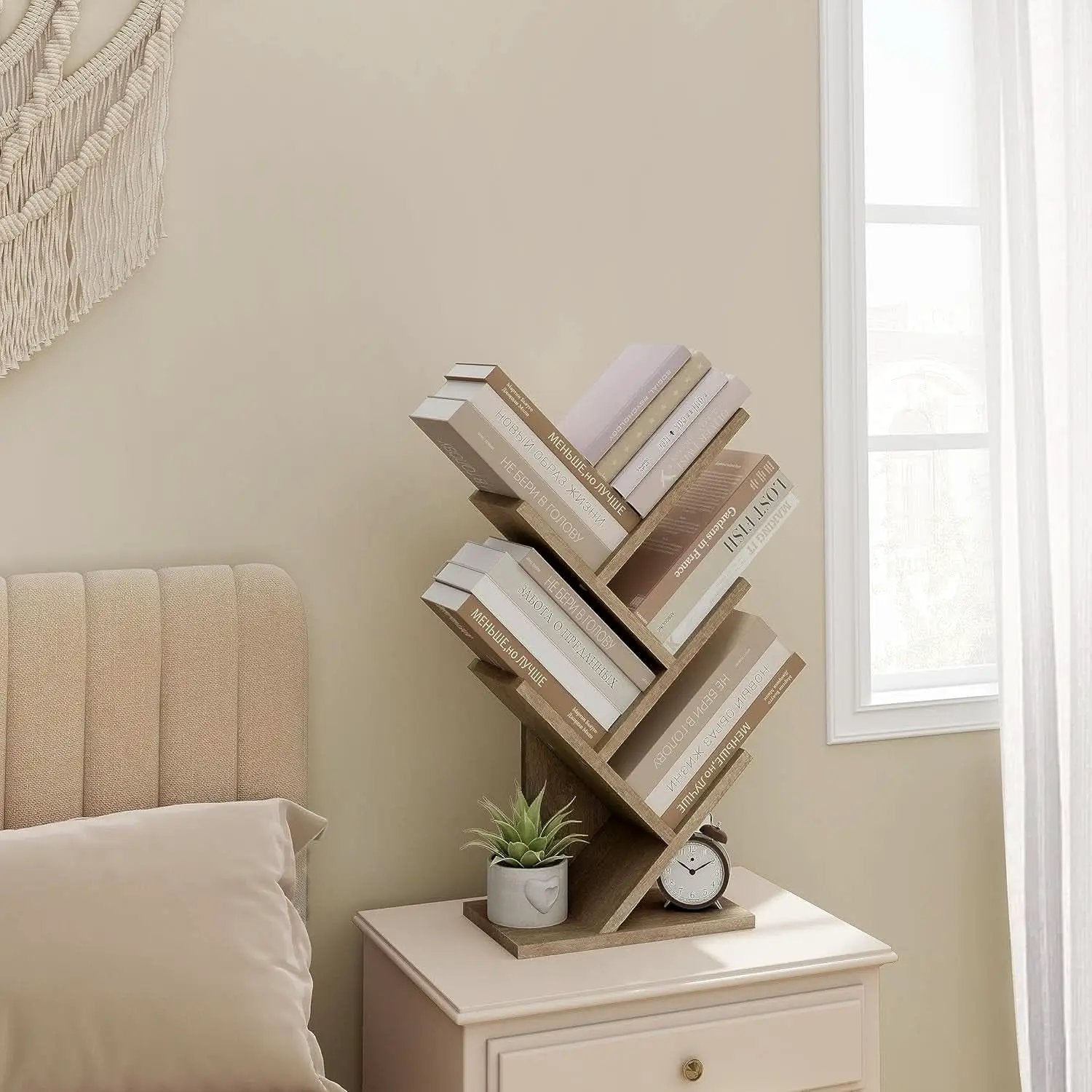Greige 4 Tier Tree Bookshelf Modern Storage Bookcase from PriceLows™