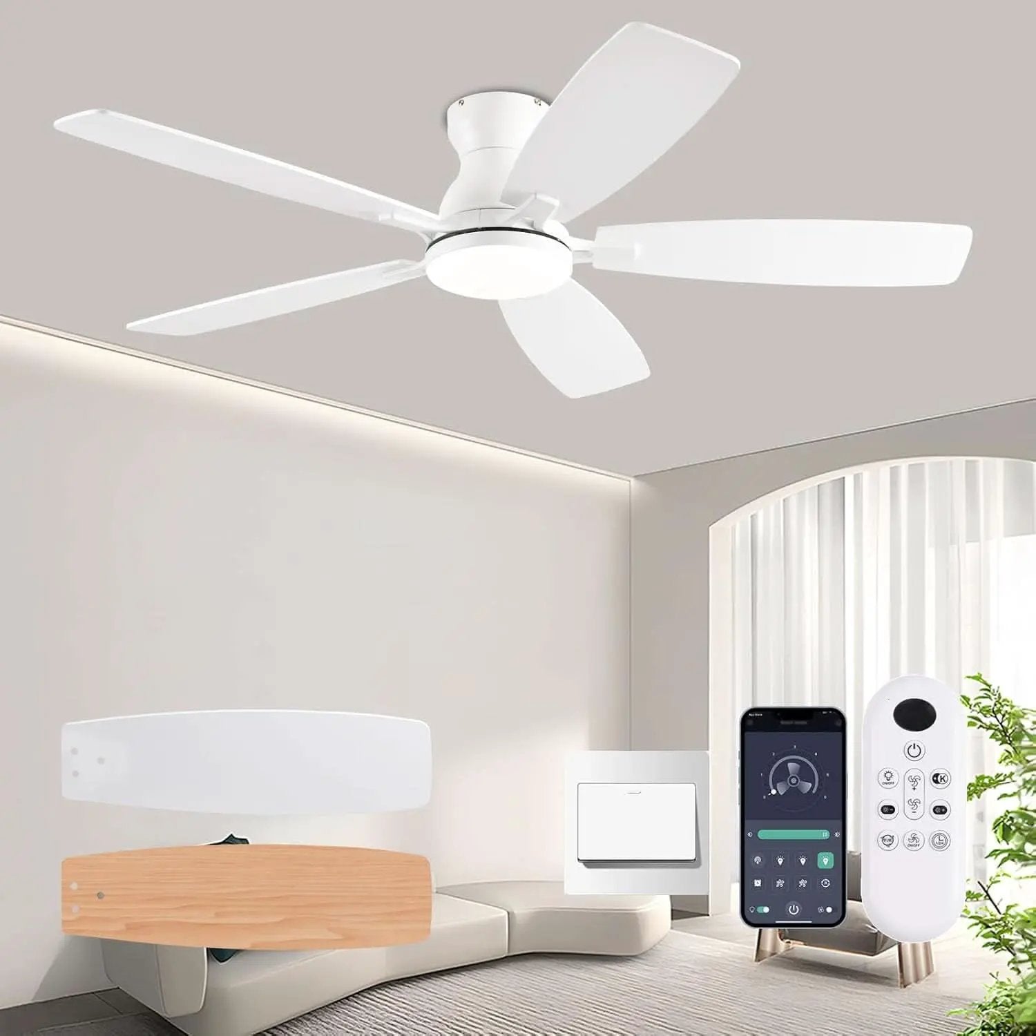 White 52 Inch Ceiling Fan With Remote And LED Lights from PriceLows™