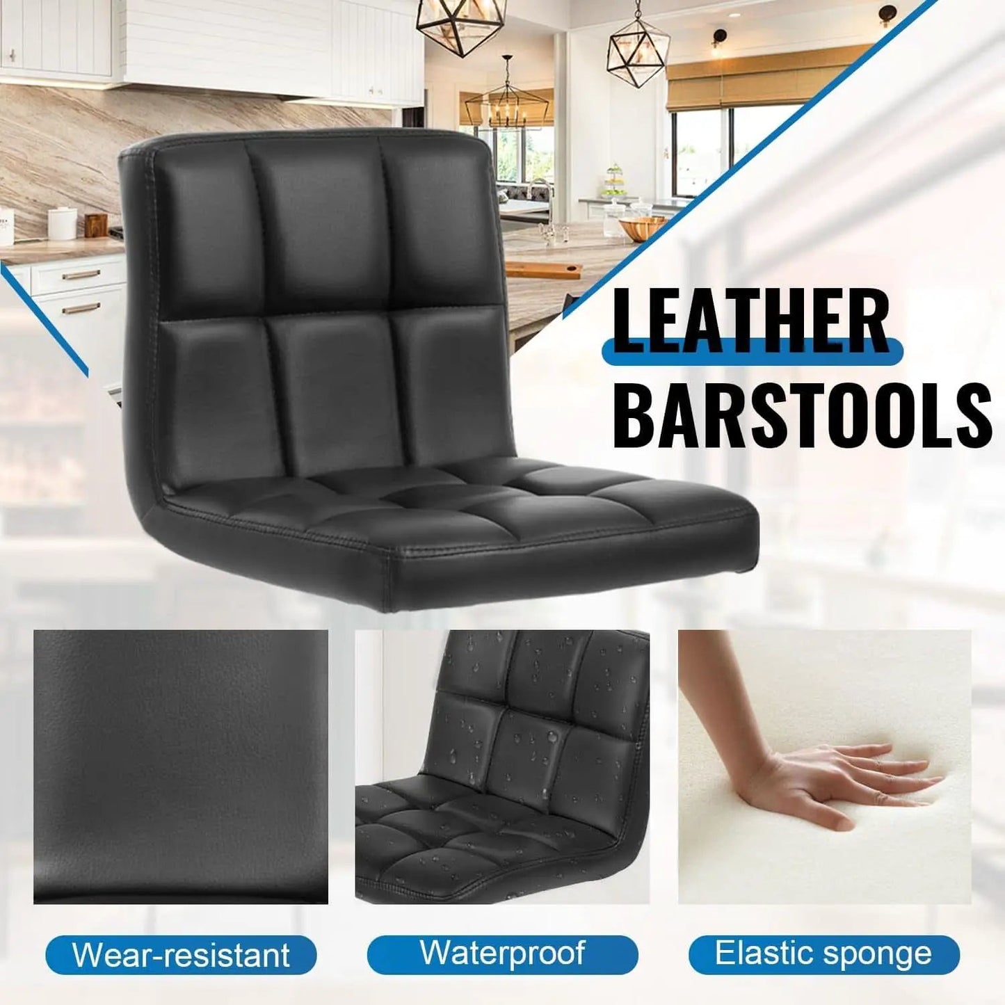 Set Of 2 Adjustable Swivel Bar Stools Black PU Leather from PriceLows™