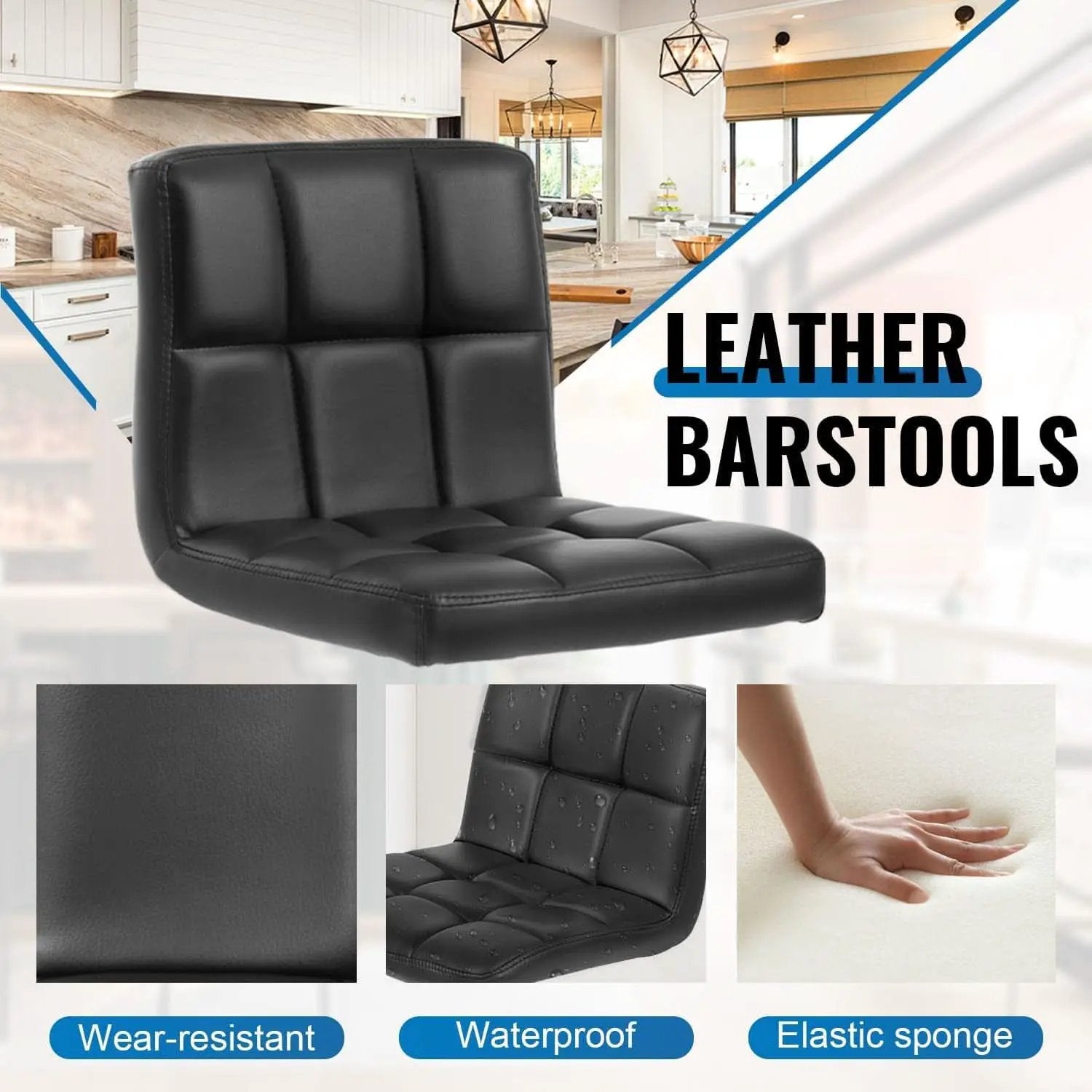 Set Of 2 Adjustable Swivel Bar Stools Black PU Leather from PriceLows™