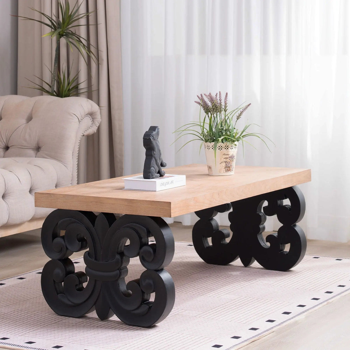 Farmhouse Coffee Table | Ornate Scroll Base | Natural Wood Top | Intricately Carved