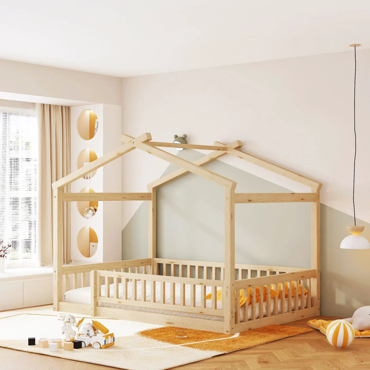 Kids Bed Frame | Playhouse Design | Roof And Fence | Toddler Size