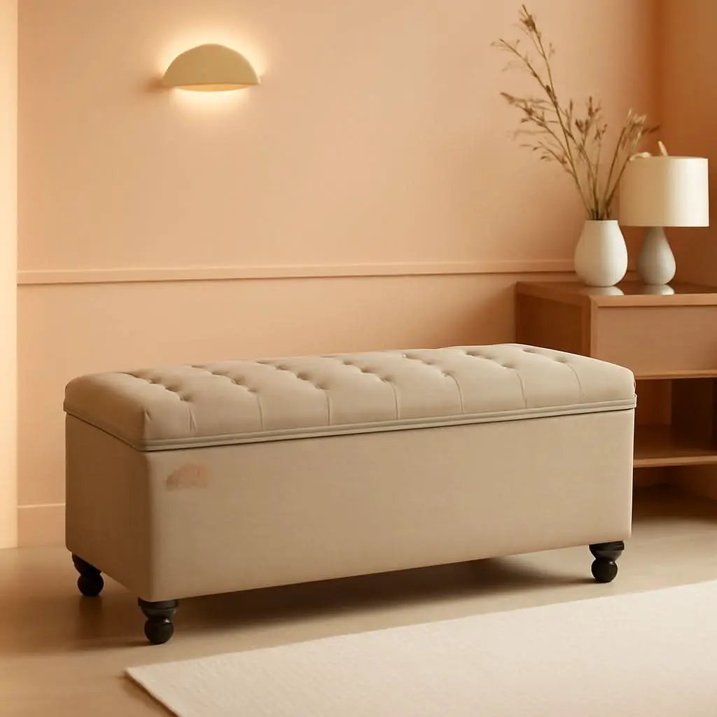 Camel Brown Linen Storage Ottoman Bench Reinforced from PriceLows™