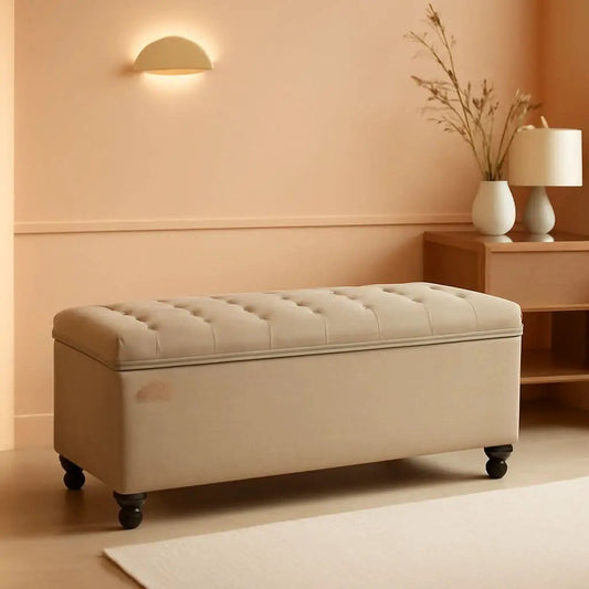 Camel Brown Linen Storage Ottoman Bench Reinforced from PriceLows™