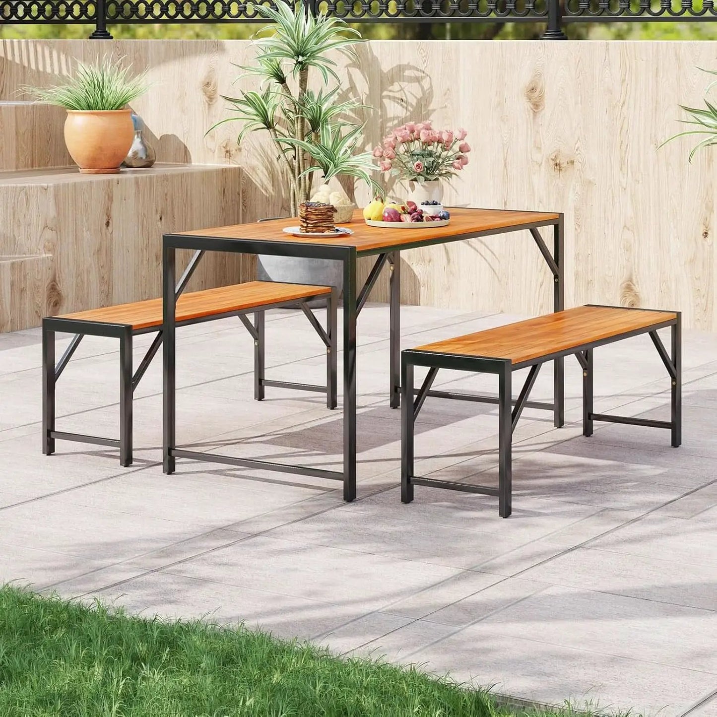 3 Piece Patio Dining Set For Six With 53 Inch Acacia Wood Table And Space Saving Benches from PriceLows™