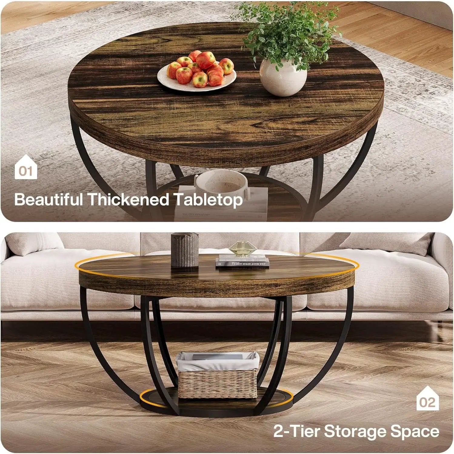 Round Coffee Table 31.7Inches Rustic Brown Storage from PriceLows™