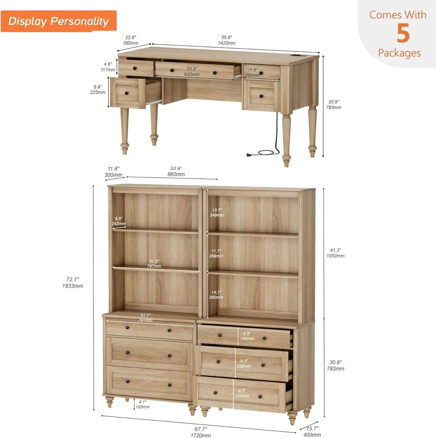Oak Executive Workstation Set With Wireless Charging from PriceLows™