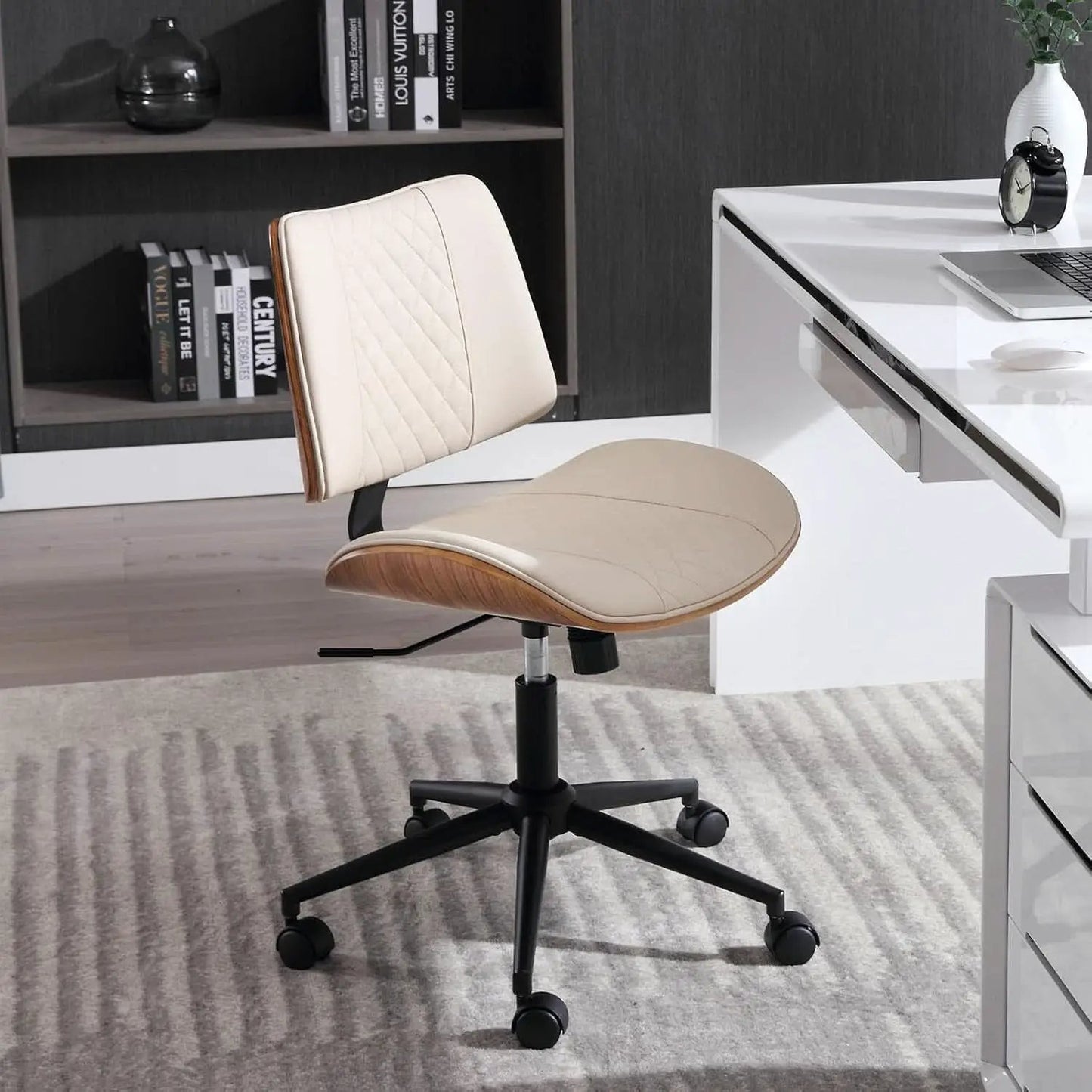 Armless Office Chair With Wheels Beige PU Leather Ergonomic from PriceLows™