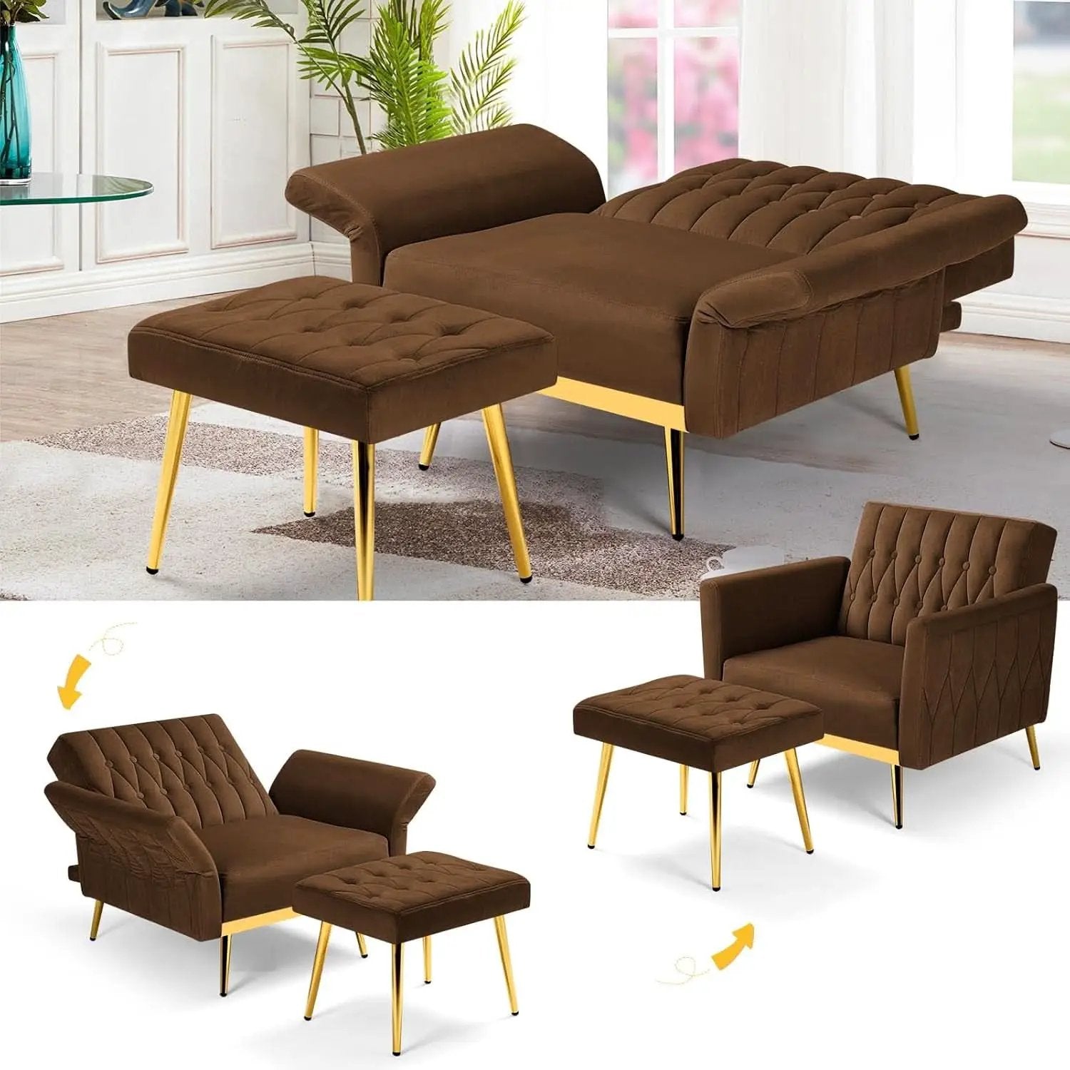 2 Piece Velvet Sofa Set With Adjustable Armrests, 70 Inch Convertible Futon Sofa Bed, Brown from PriceLows™