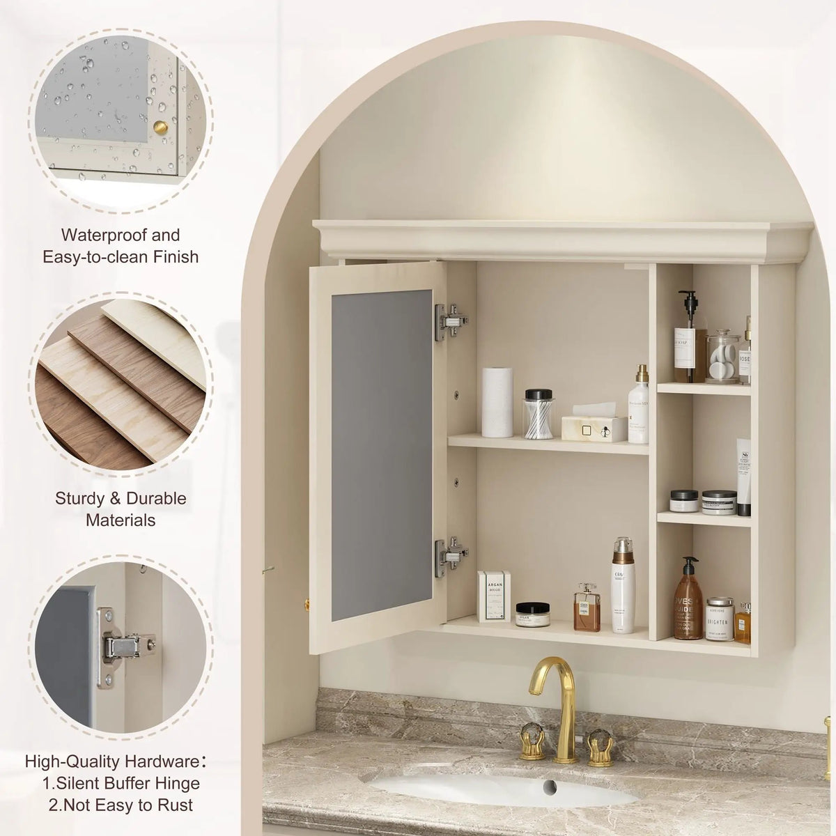 Wall Mounted Bathroom Storage Cabinet | Mirror Door | Silver Metal Handles | Open Shelves