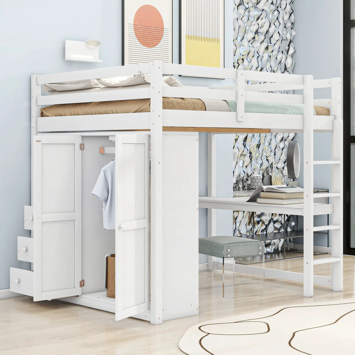 Loft Bed With Wardrobe | Built-In Desk | Two-Tier Shelves | Three Large Drawers