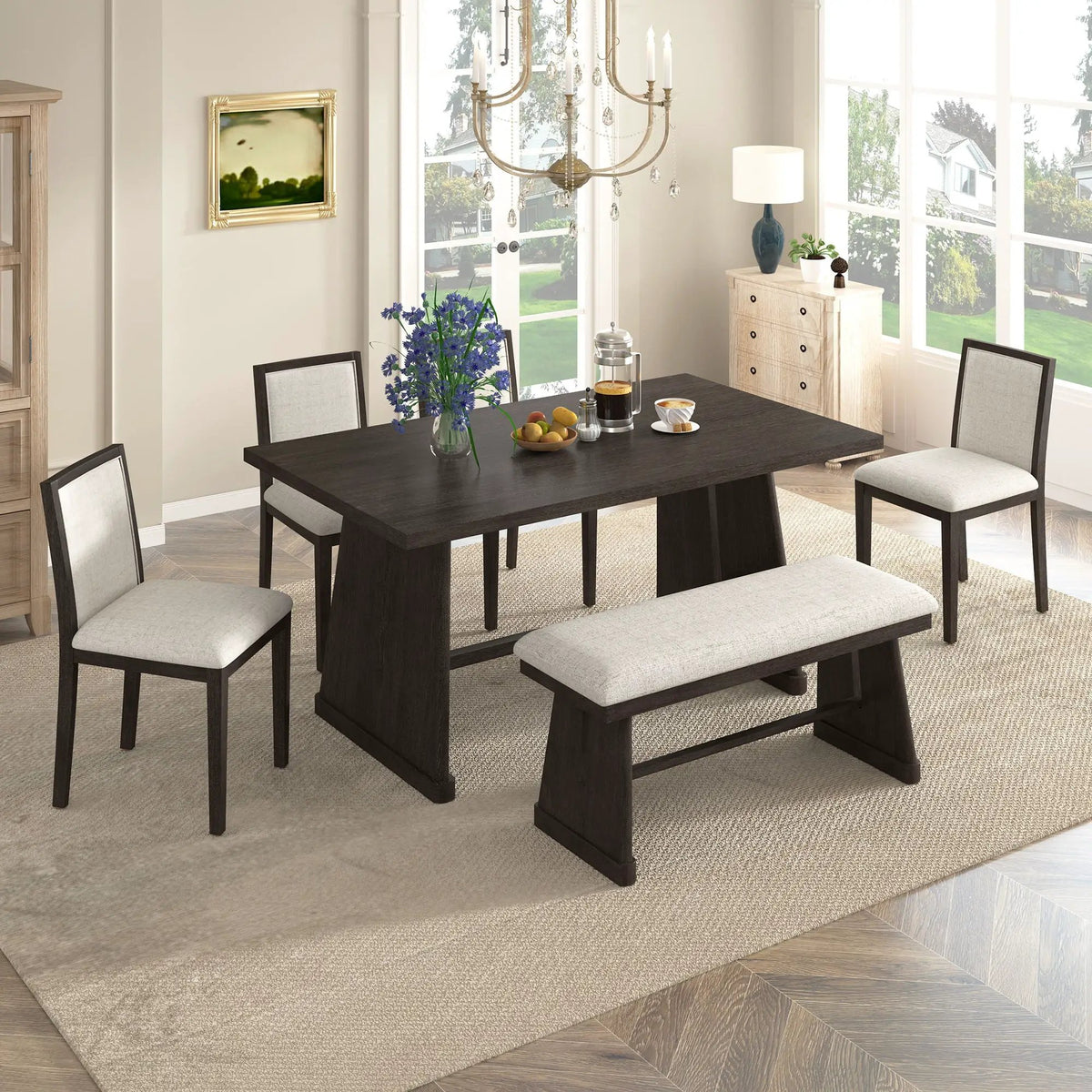 Dining Set | Rectangular Table | 4 Chairs 1 Bench | Seats 6