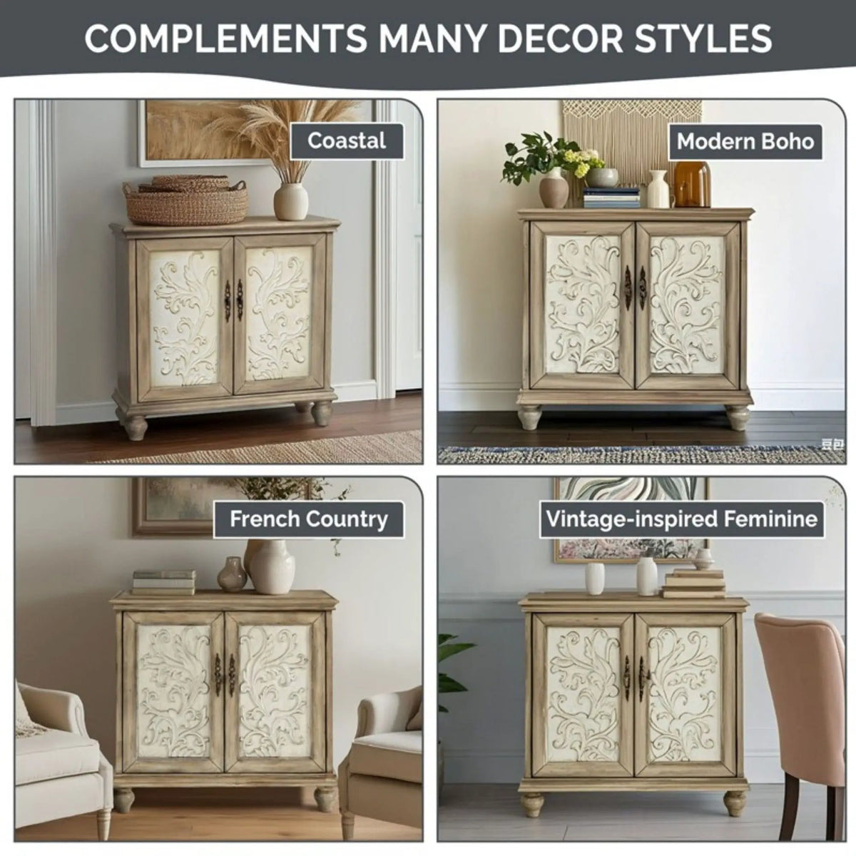 Driscoll 2 Door Cabinet | Carved Floral Front | Reclaimed Natural Finish | Magnetic Door Catches