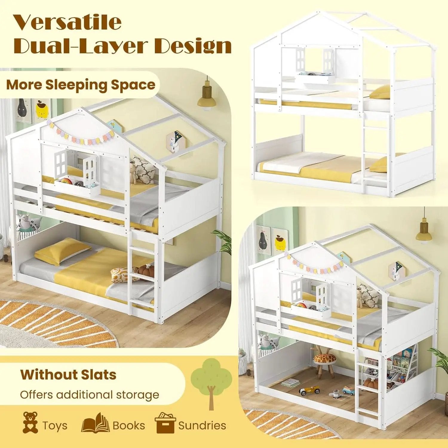 Twin Over Twin White Wood House Bunk Bed For Kids Room from PriceLows™