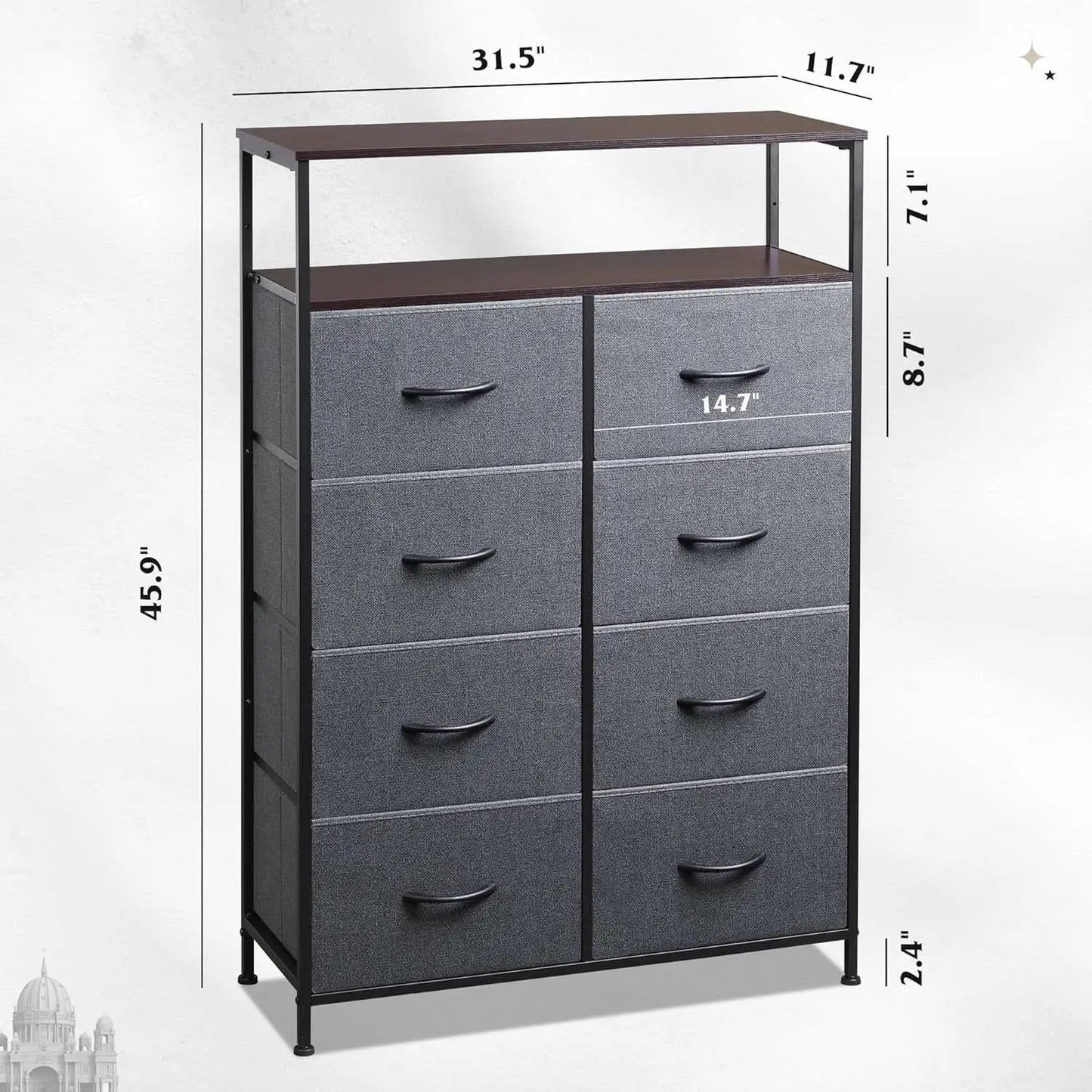 Charcoal Gray Fabric Dresser With Shelves And 8 Drawers from PriceLows™
