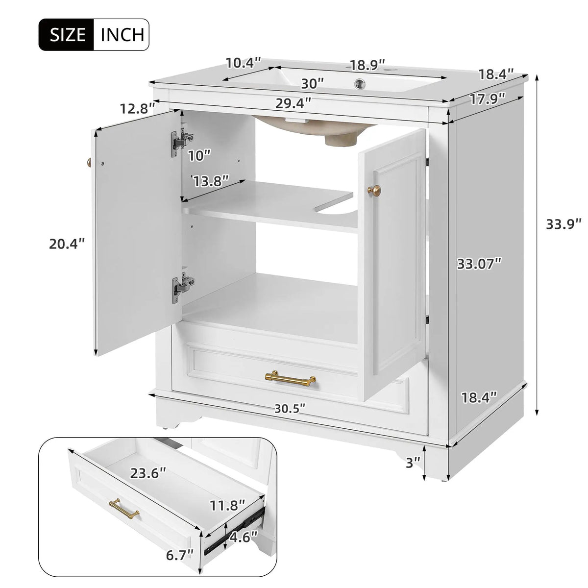 30 Inch Bathroom Vanity | Poplar Wood Frame | 2 Soft Closing Doors | Adjustable Shelf