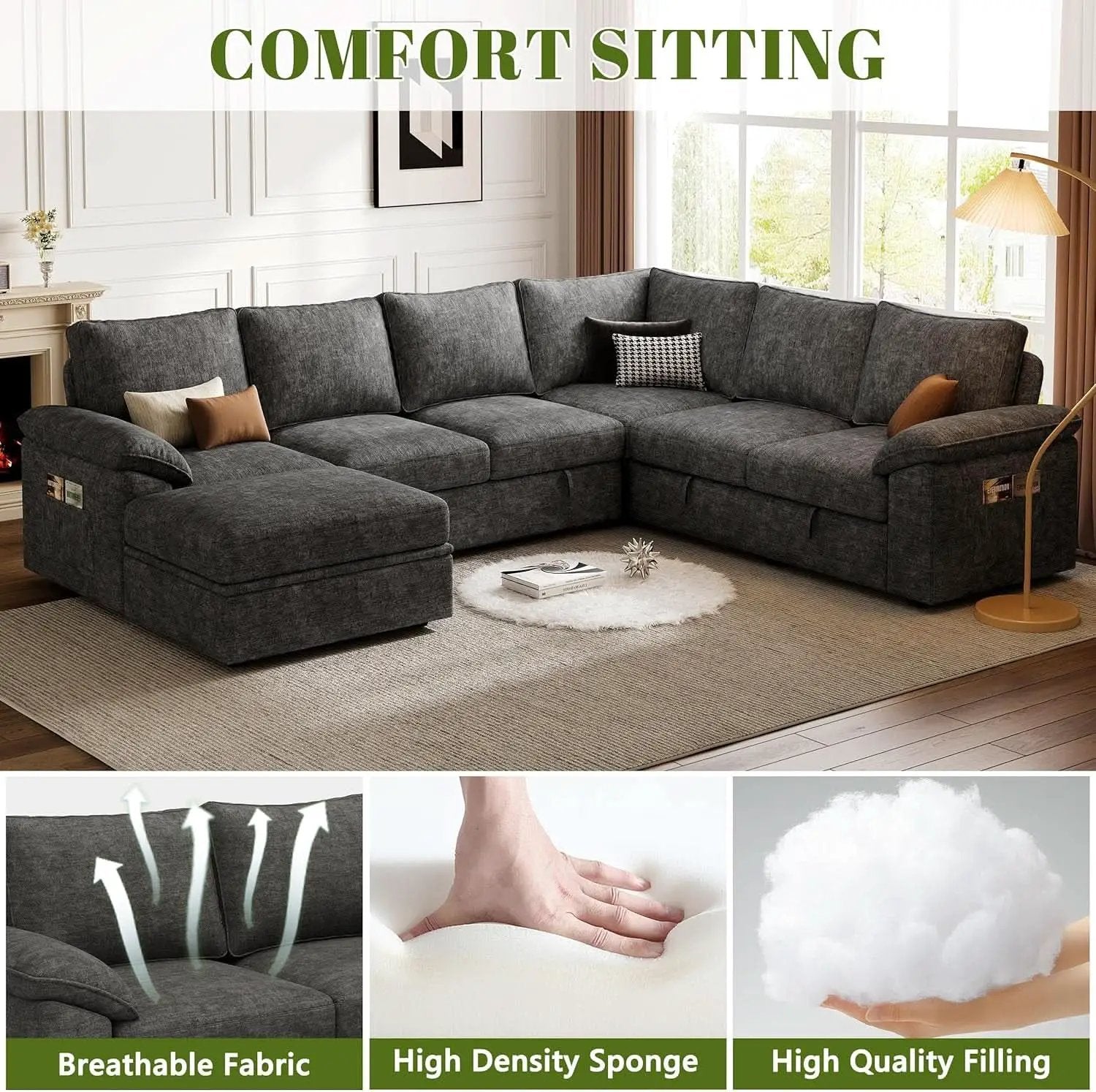 108 Inch Modular Sectional Sleeper Sofa CharcoalGrey from PriceLows™