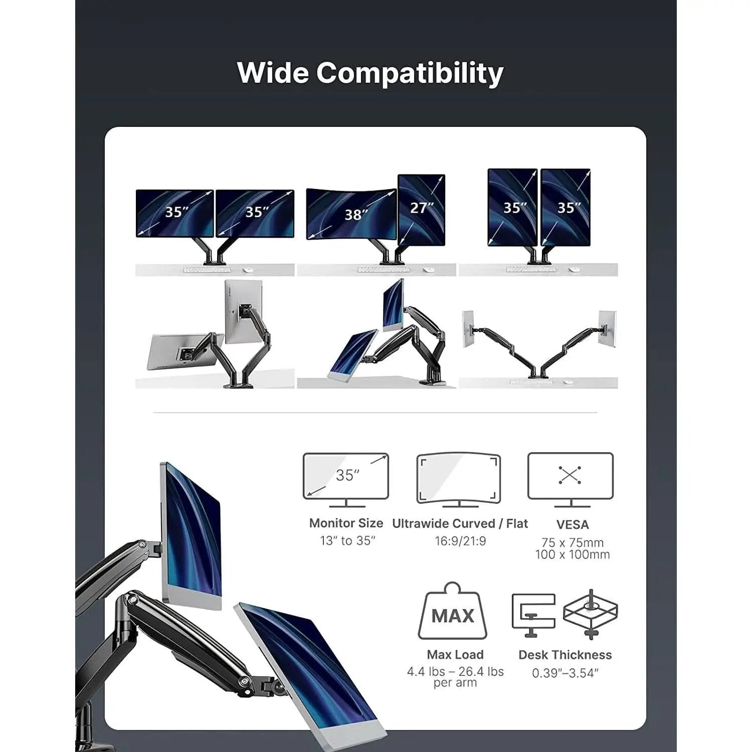 Dual Monitor Stand With USB Port Height Adjustable Arms from PriceLows™
