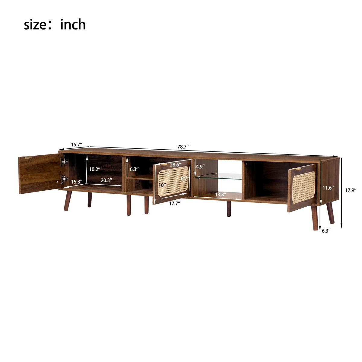 TV Stand | 78 Inch Wide | Rattan And Glass | Walnut Finish