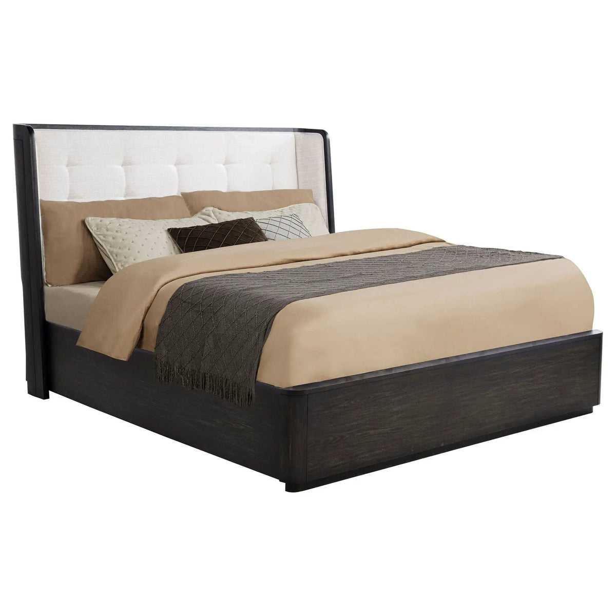 Leandro 55-inch Eastern King Wingback Bed Burnished | 81 x 87 x 54.75 in | Engineered Wood & Fabric | Black
