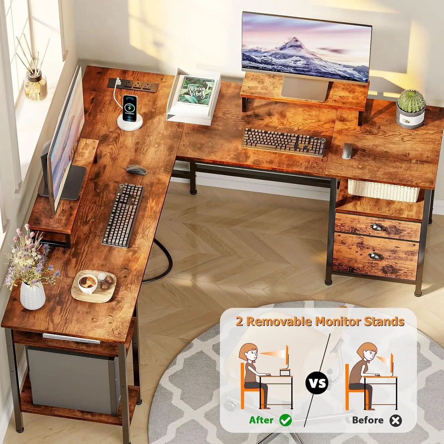 Fifty Nine Inch L Shaped Desk With Power Outlet And Storage Shelves from PriceLows™