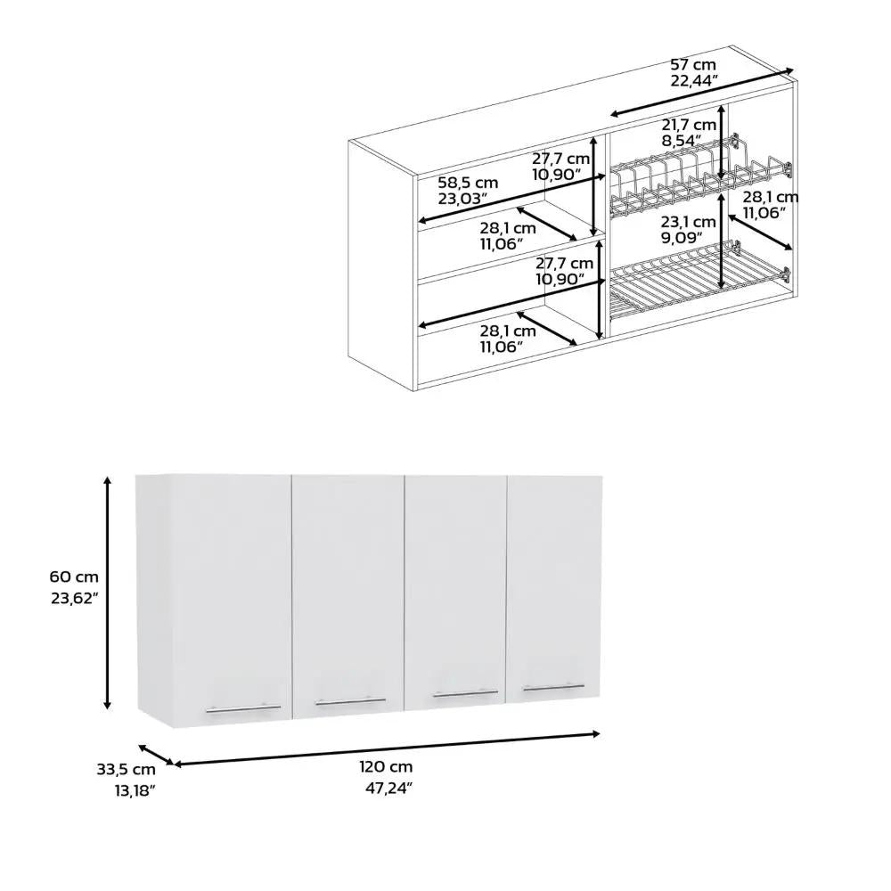 White Wall Cabinet | Four Doors | Two Interior Shelves | Plate And Glass Organizer