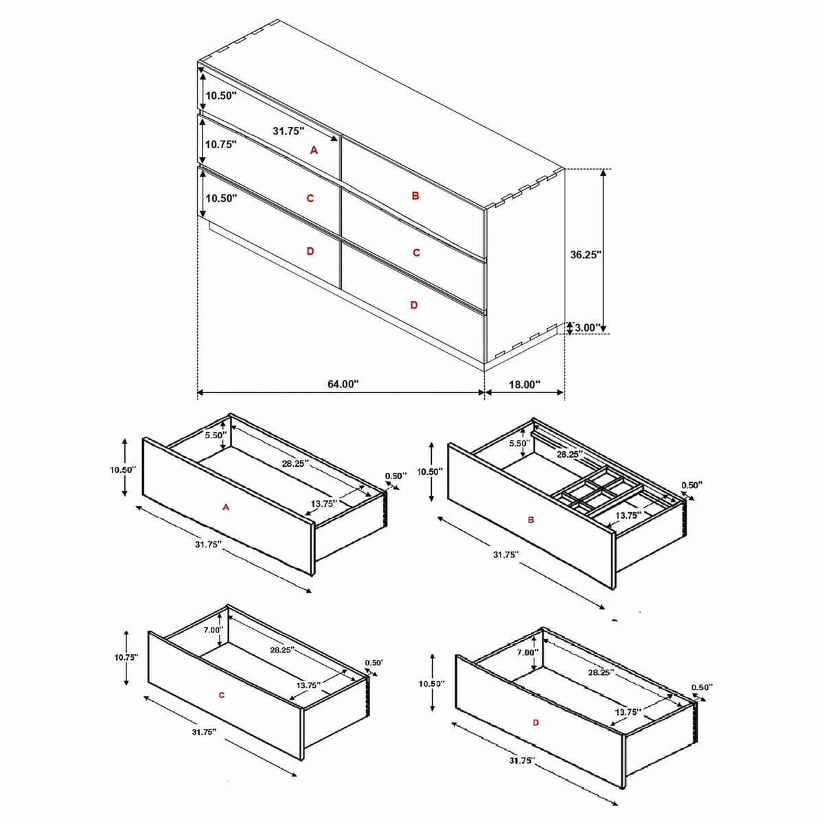 Winslow 6-drawer Dresser Smokey | 64 x 18 x 36.25 in | Walnut & Wood | Walnut