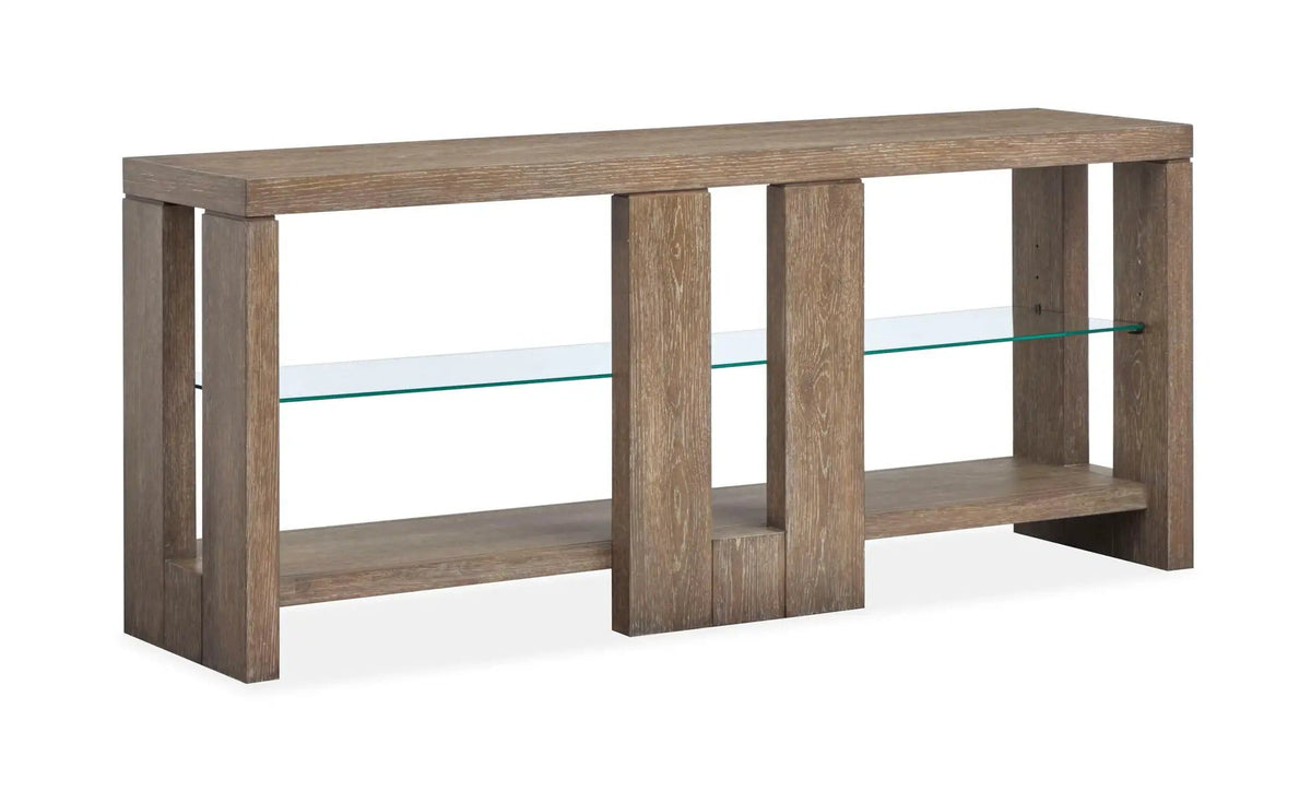 Conway Console Sofa Table | 16 x 64 x 27 in | Oak Veneer & Tempered Glass | Spiced Brown