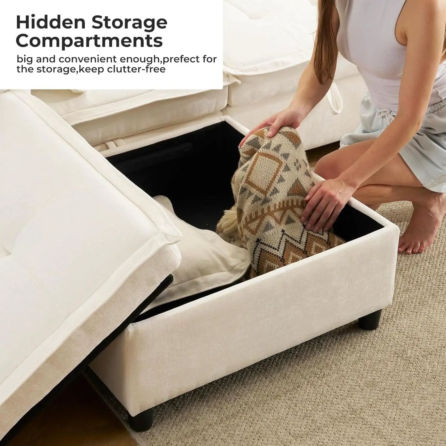 White OneThirtyThreeInch Modular Sectional Sofa Hidden Storage from PriceLows™