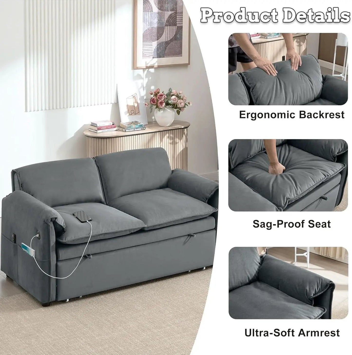 Sixty ThreeInch Pullout Velvet SofaBed Premium Edition from PriceLows™