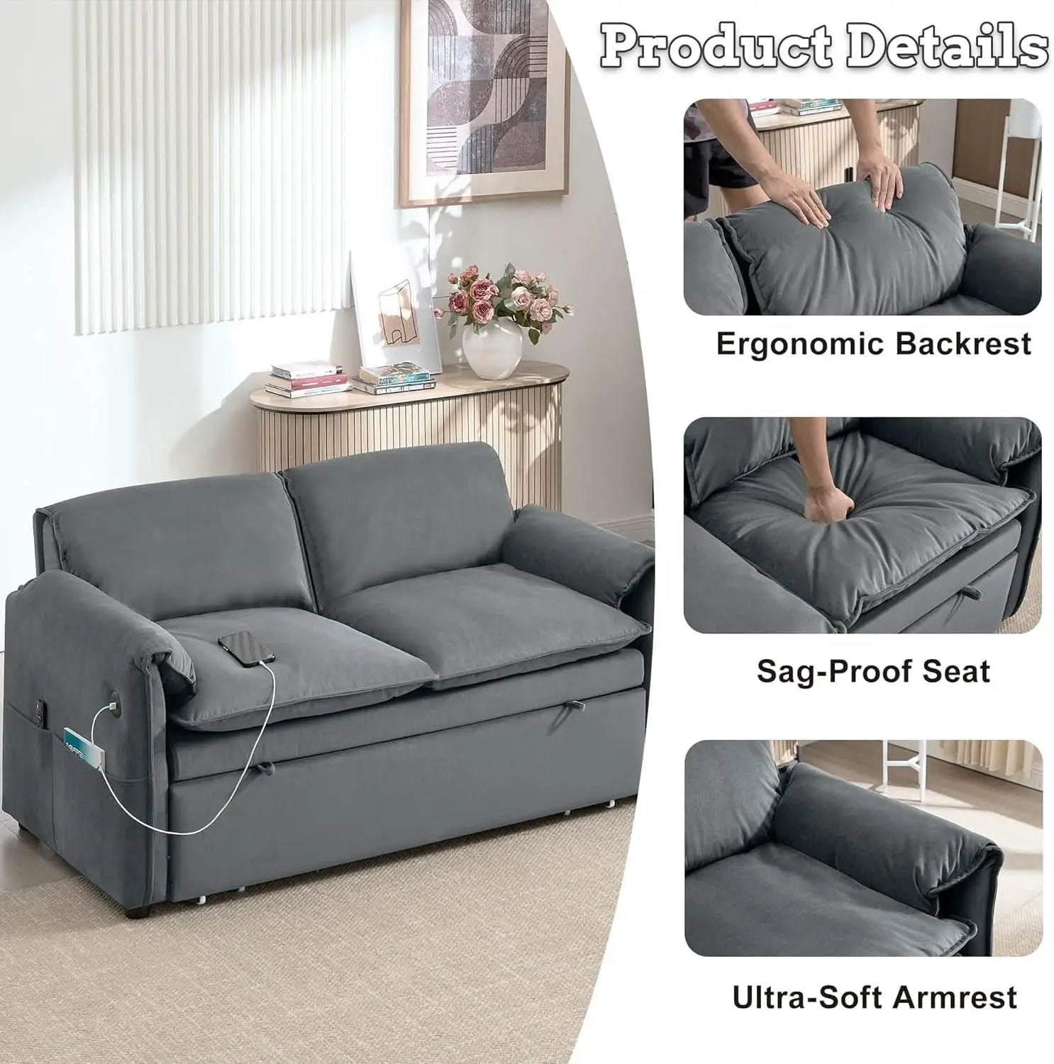 Sixty ThreeInch Pullout Velvet SofaBed Premium Edition from PriceLows™