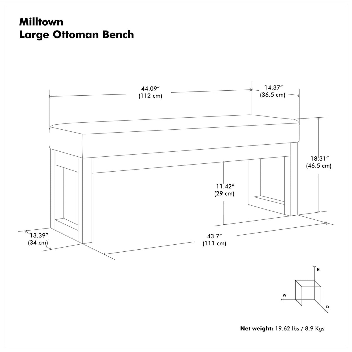 Milltown Upholstered Ottoman Bench | Driftwood Solid Wood Base | Versatile Design | 44.5 Inch Width
