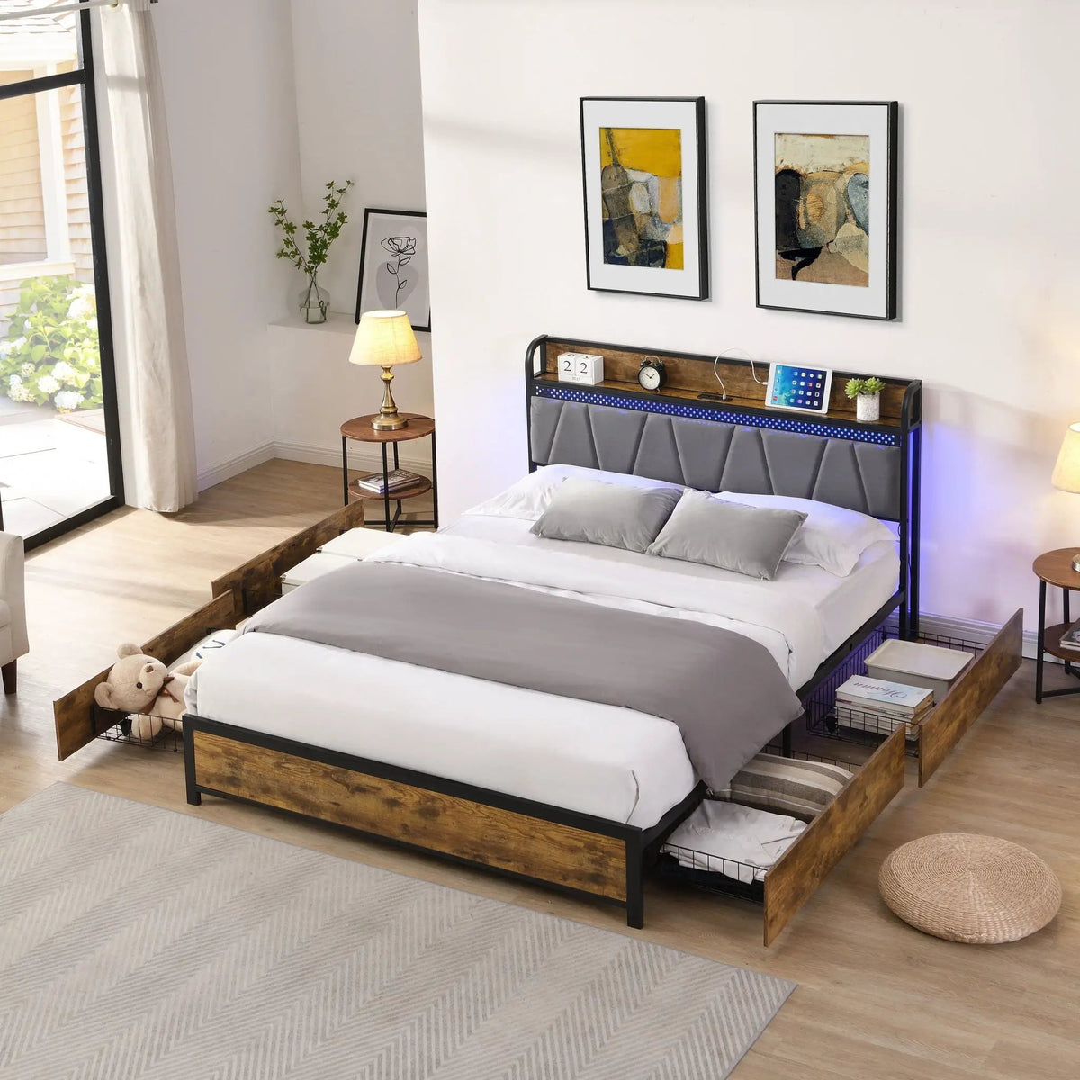 Modern Storage Bed Frame | LED Lights With Remote | Upholstered Headboard | USB Charging Station