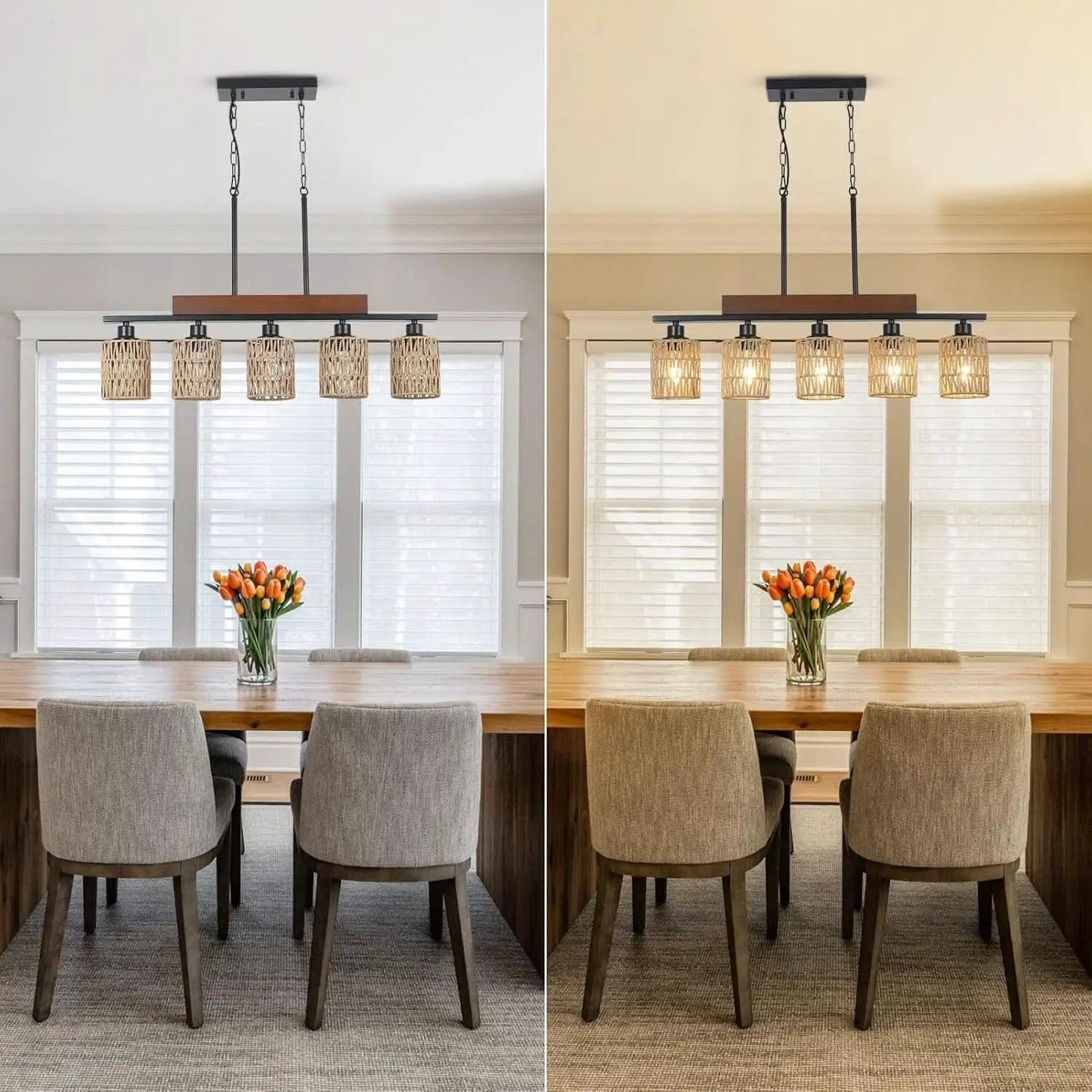 Rattan Farmhouse 5 Light Linear Chandelier Black Lighting from PriceLows™