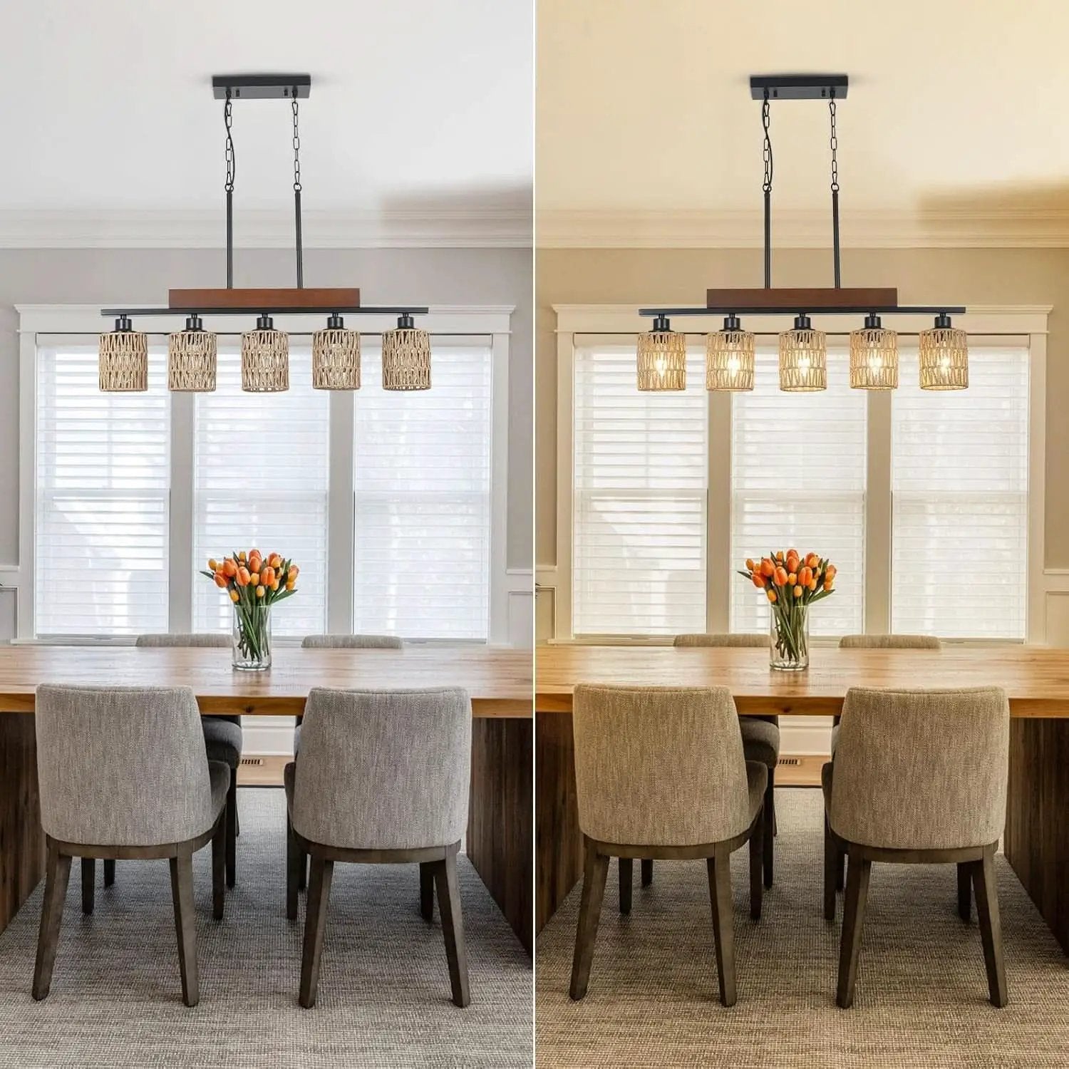 Rattan Farmhouse 5 Light Linear Chandelier Black Lighting from PriceLows™