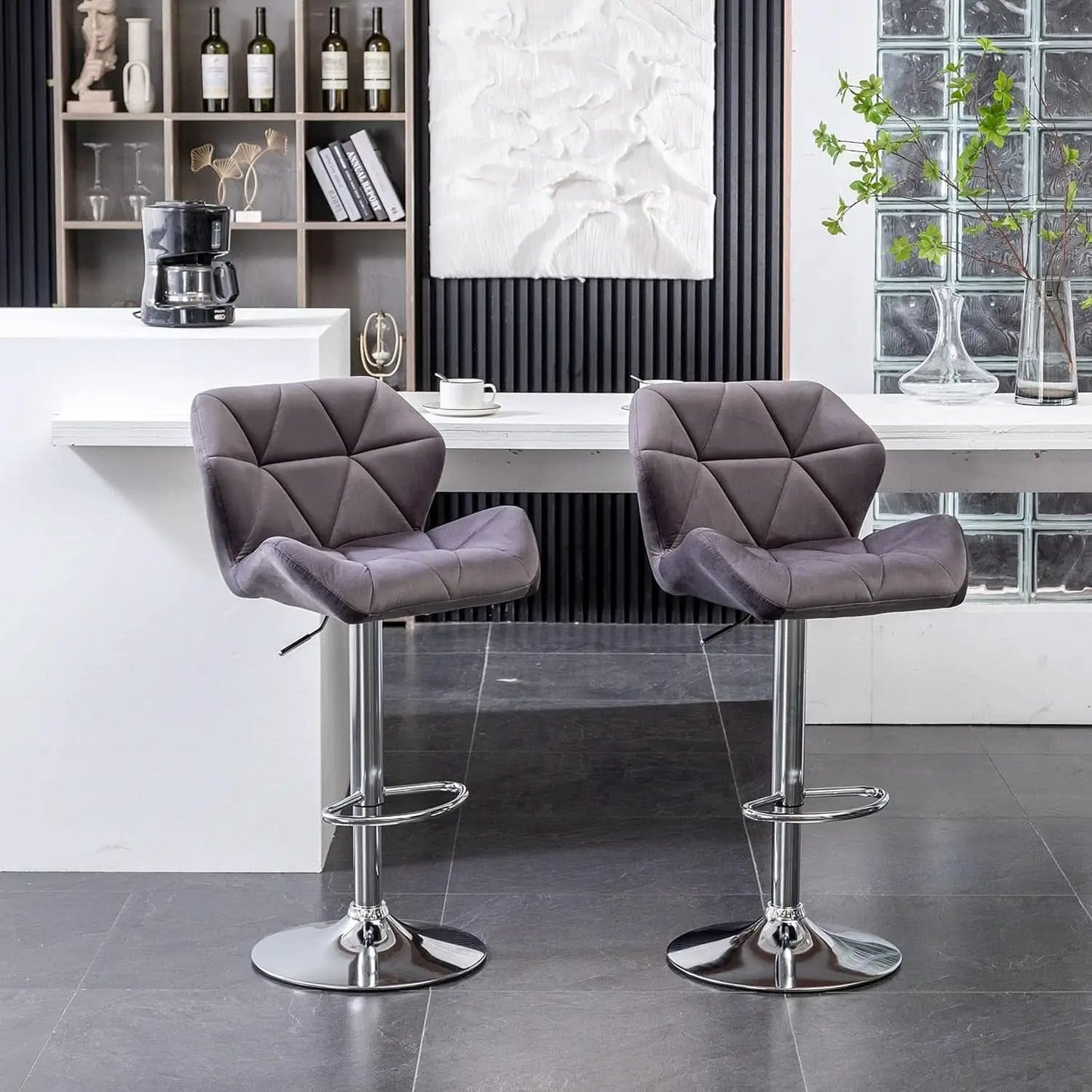 Breni Velvet Diamond Tufted Swivel Adjustable Height Bar Stool Set Of 2 Gray from PriceLows™