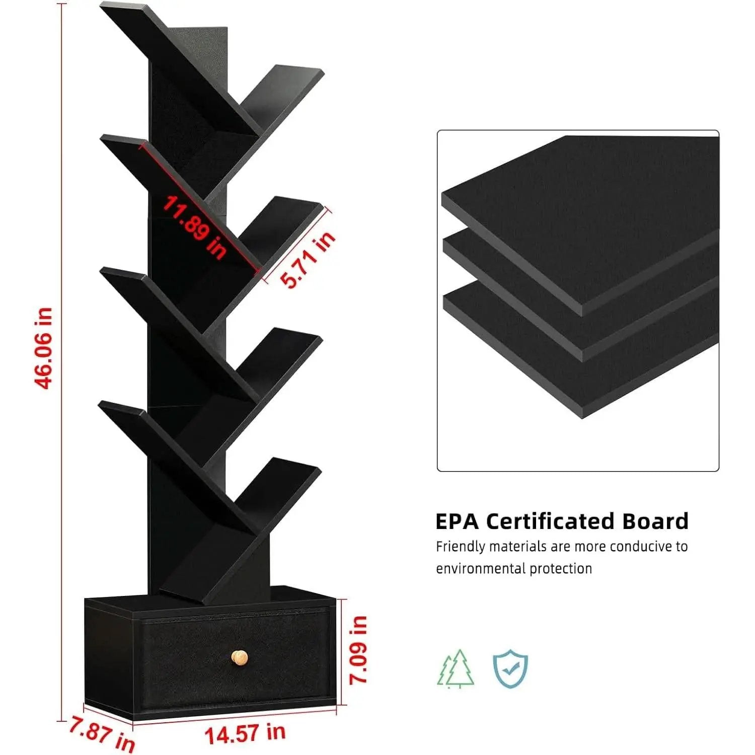 8 Tier Tree Bookshelf Drawer Freestanding Black Bookcase from PriceLows™